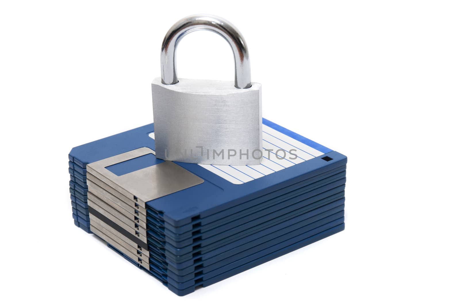 padlock with floppy disks isolated on a white background.