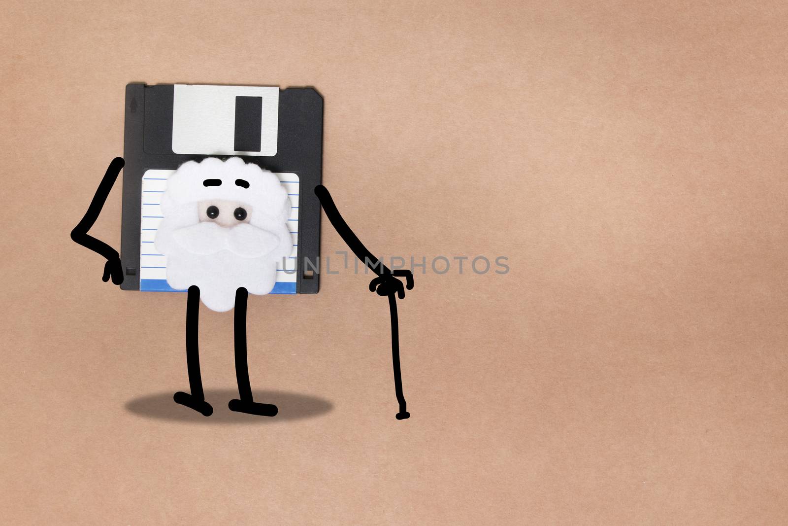 animated floppy disk concept, stick and walk figure.