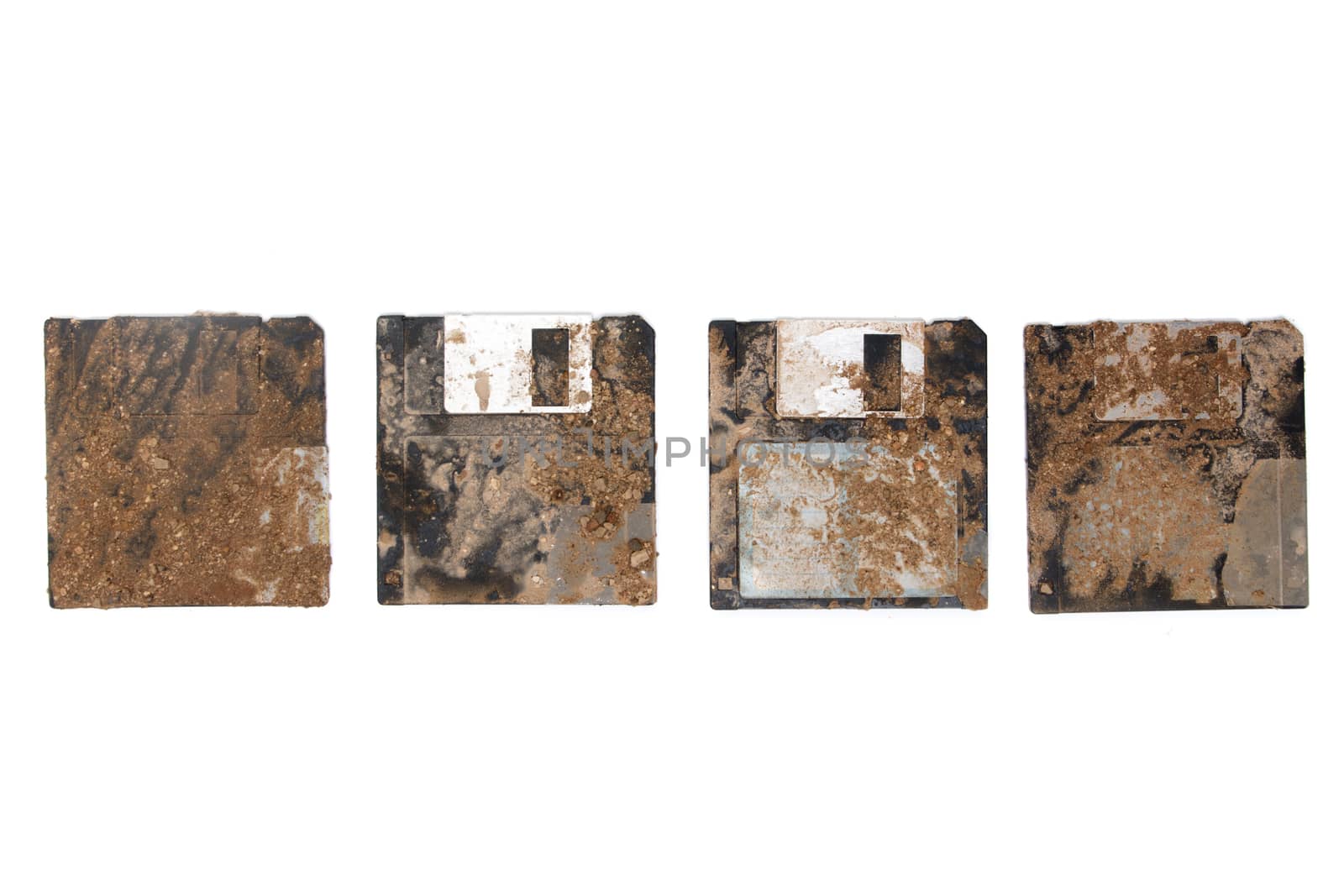 dirty computer floppy disks,  isolated on a white background.
