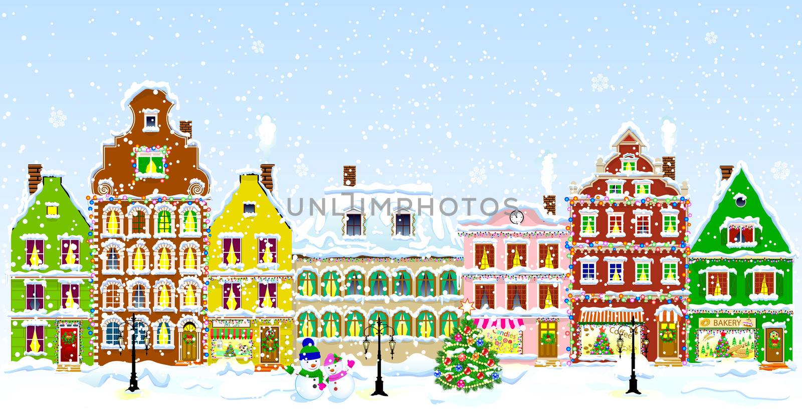 City street in winter. Christmas Eve. The winter vacation. The houses are covered with snow. Snow on a city street. Houses decorated before the winter holidays.                                                                                                        