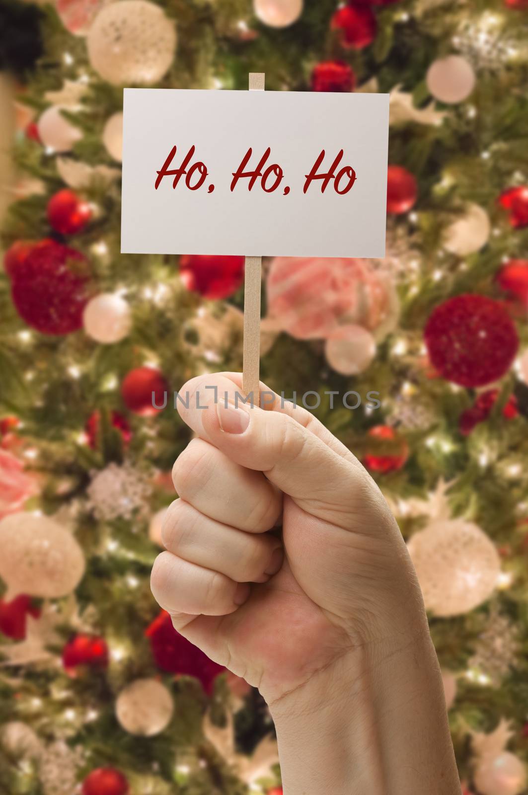 Hand Holding Ho Ho Ho Card In Front of Decorated Christmas Tree.