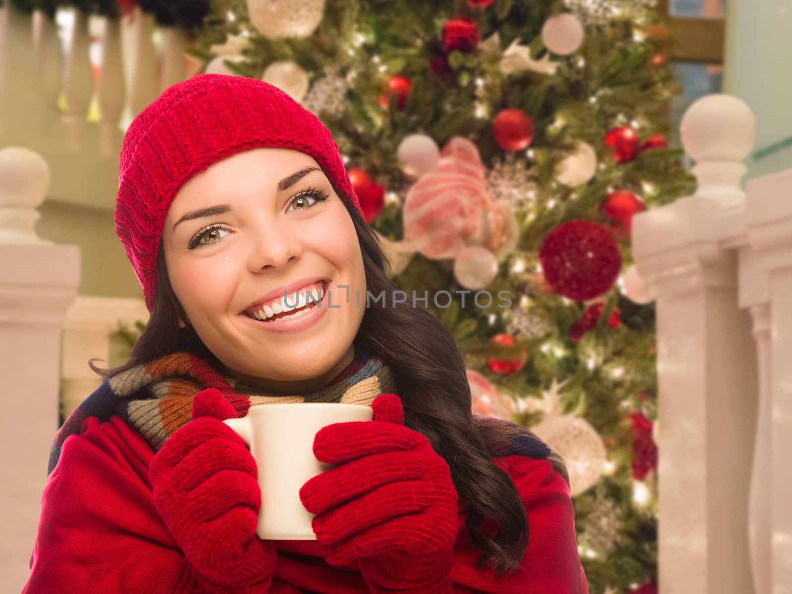 Warmly Dressed Female With Mug In Front of Decorated Christmas Tree. by Feverpitched