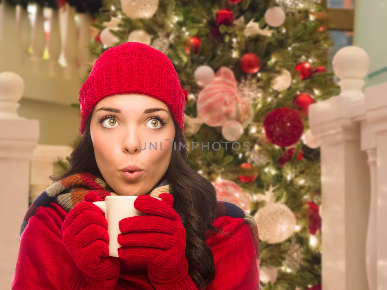Warmly Dressed Female With Mug In Front of Decorated Christmas Tree.