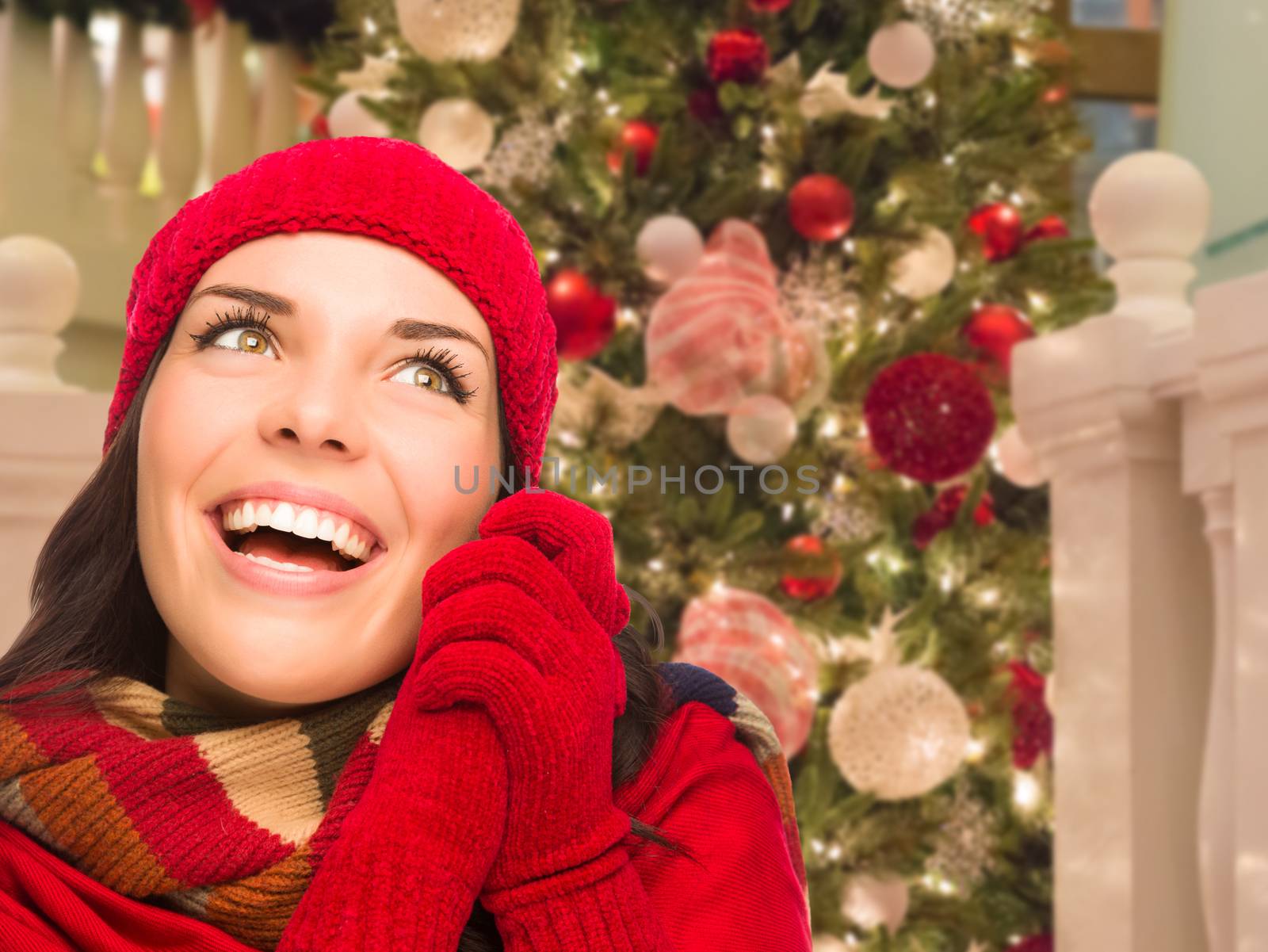 Warmly Dressed Female In Front of Decorated Christmas Tree. by Feverpitched