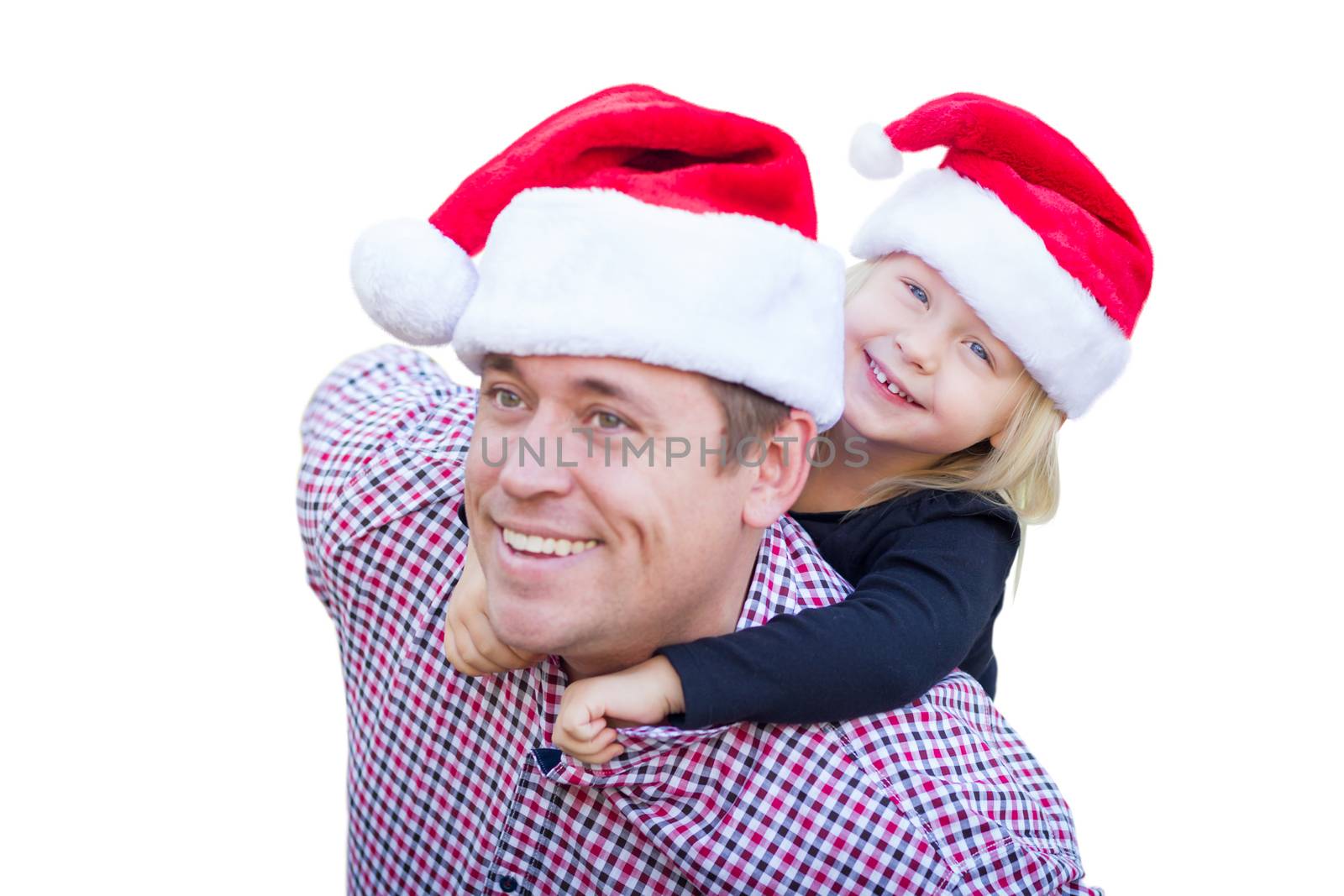 Happy Father and Daughter Wearing Santa Hats Isolated on White Background. by Feverpitched
