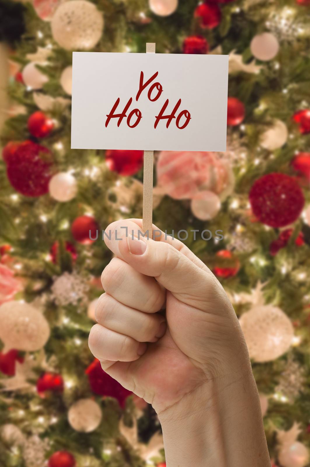 Hand Holding Yo Ho Ho Card In Front of Decorated Christmas Tree. by Feverpitched