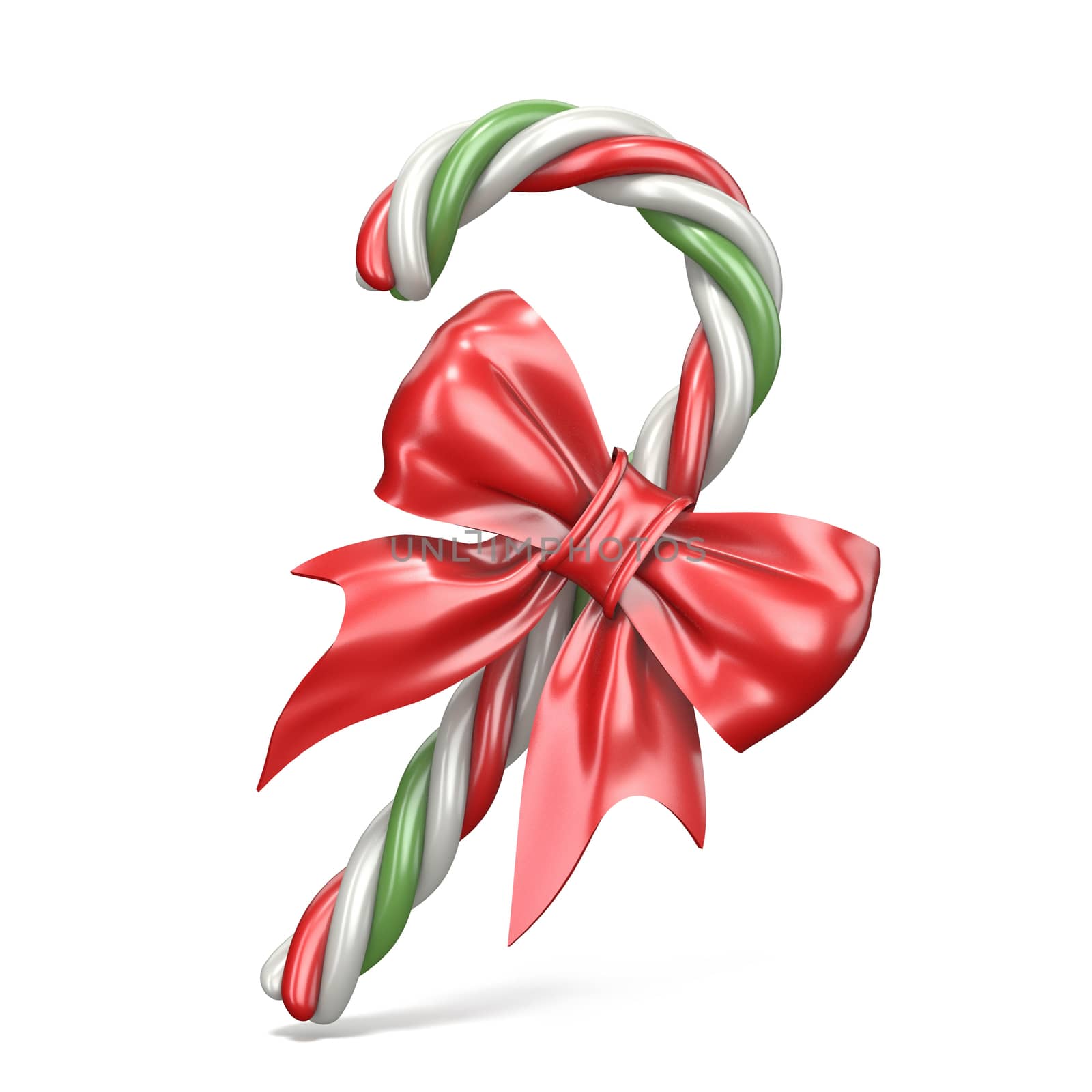 Christmas decoration made of candy cane and ribbon bow 3D render illustration isolated on white background