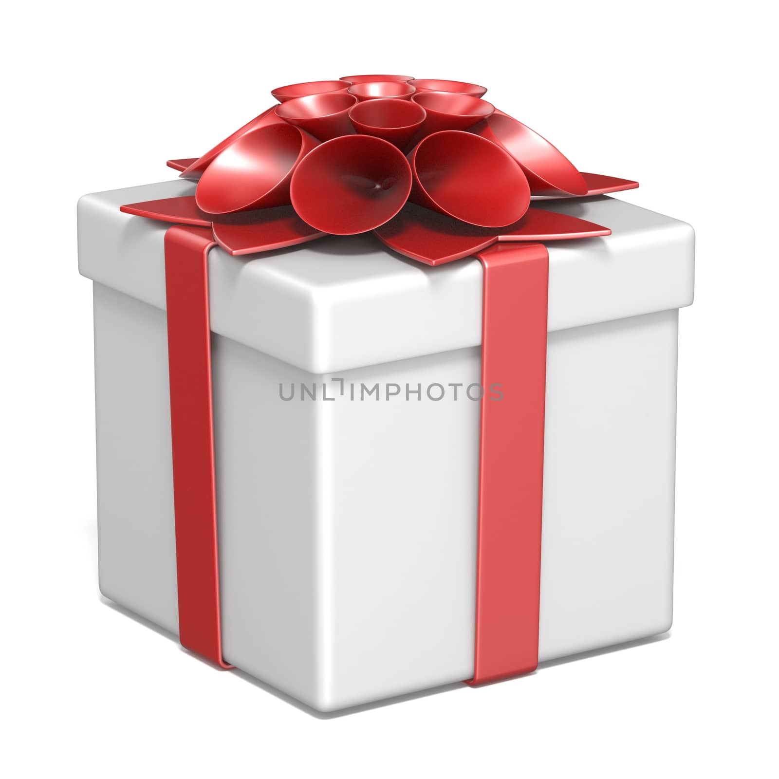 White gift box and red ribbon bow 3D render illustration isolated on white background
