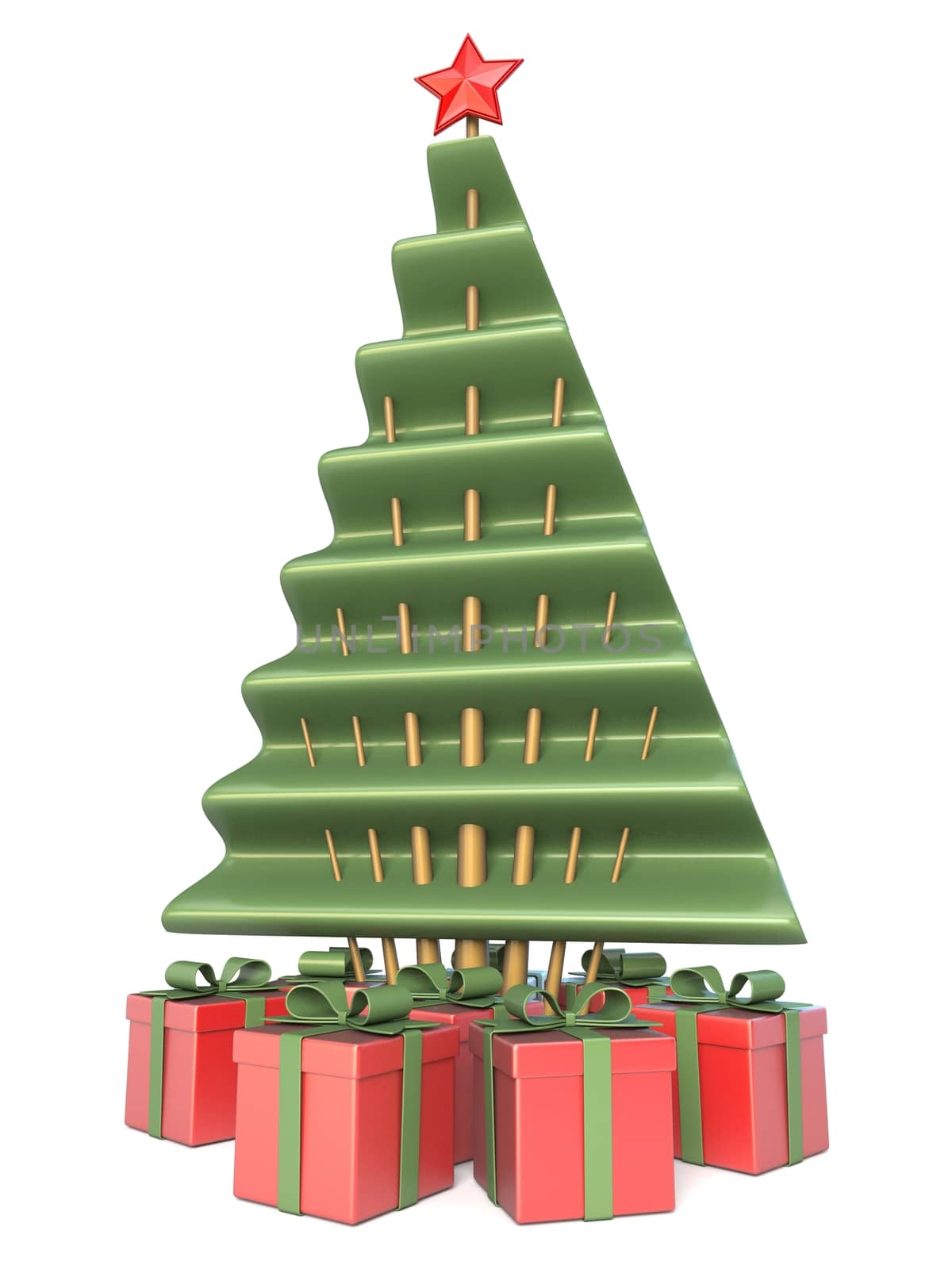 Abstract Christmas tree and gifts under 3D render illustration isolated on white background