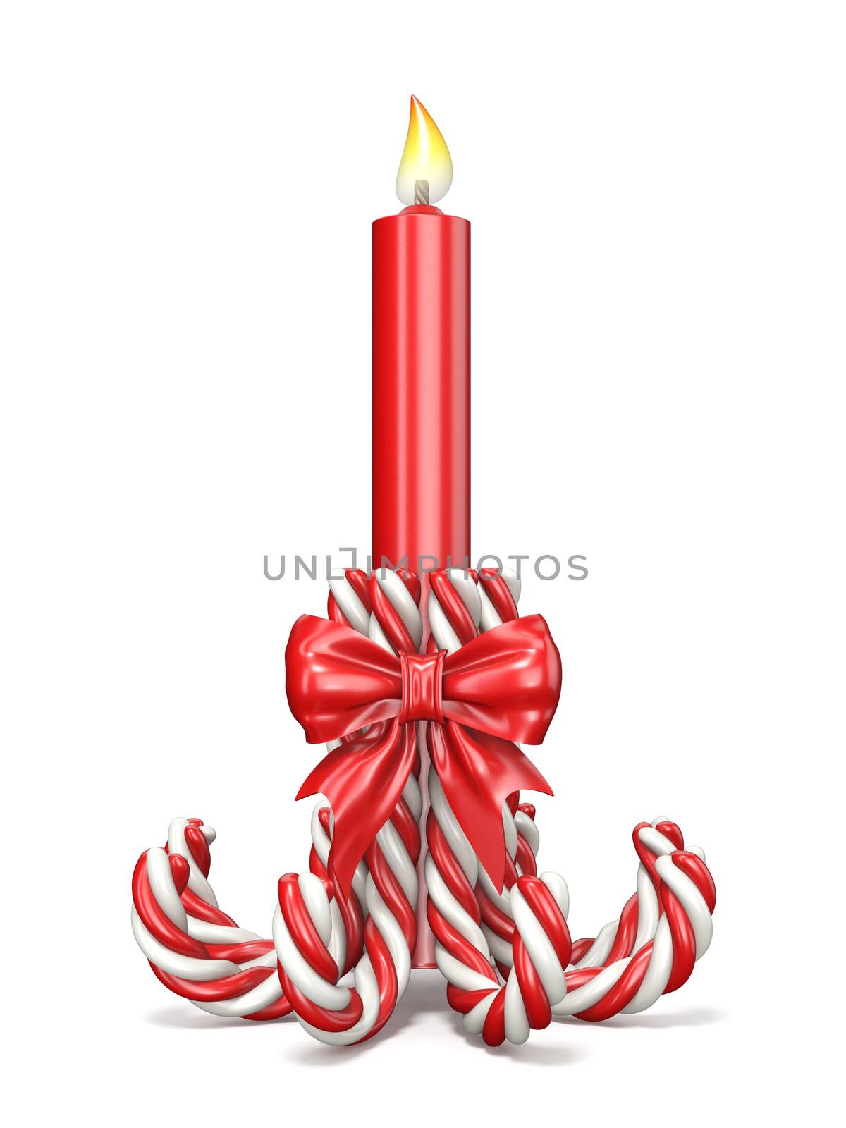 Christmas decoration made of candy canes, ribbon bow and candle 3D render illustration isolated on white background