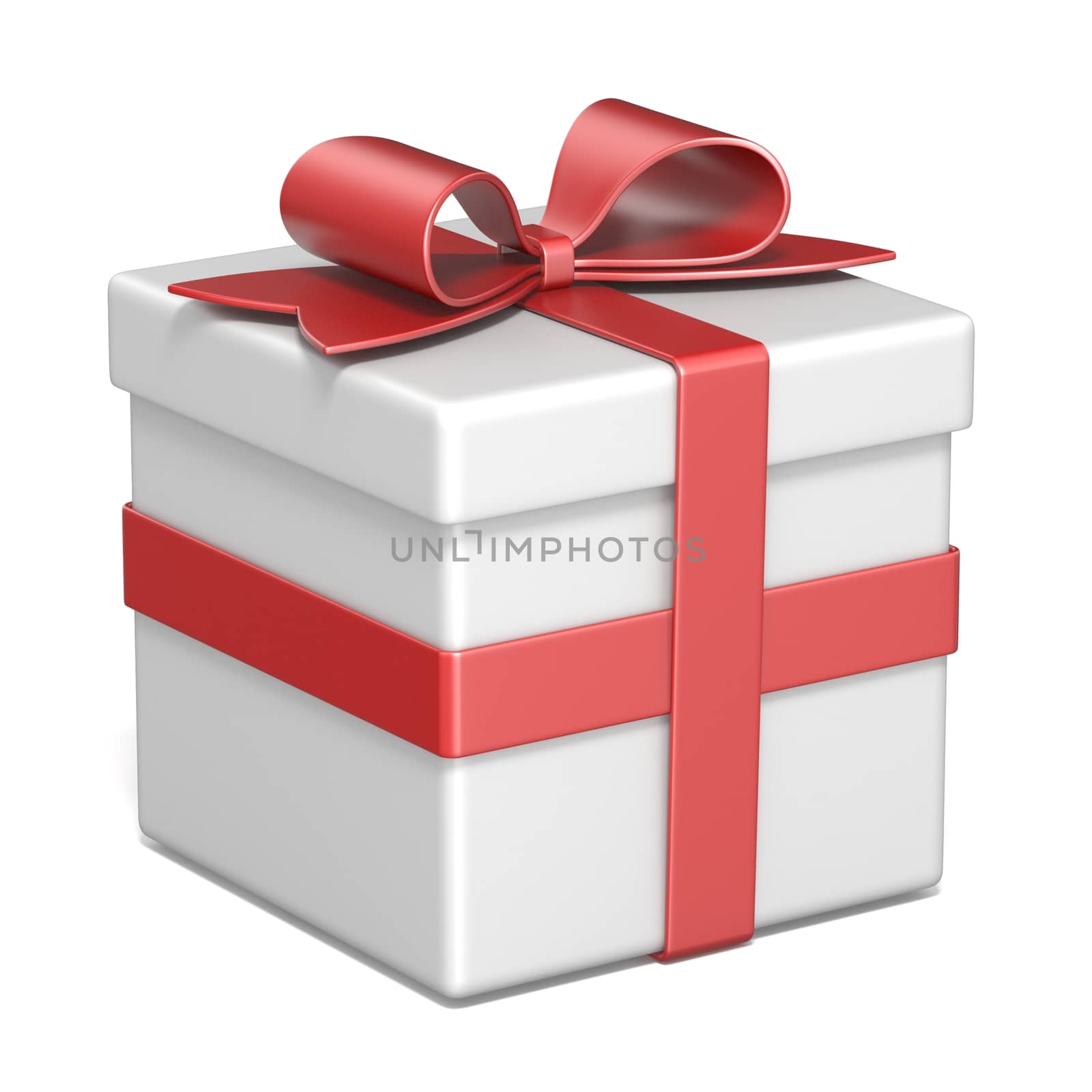 White gift box and red ribbon bow 3D render illustration isolated on white background