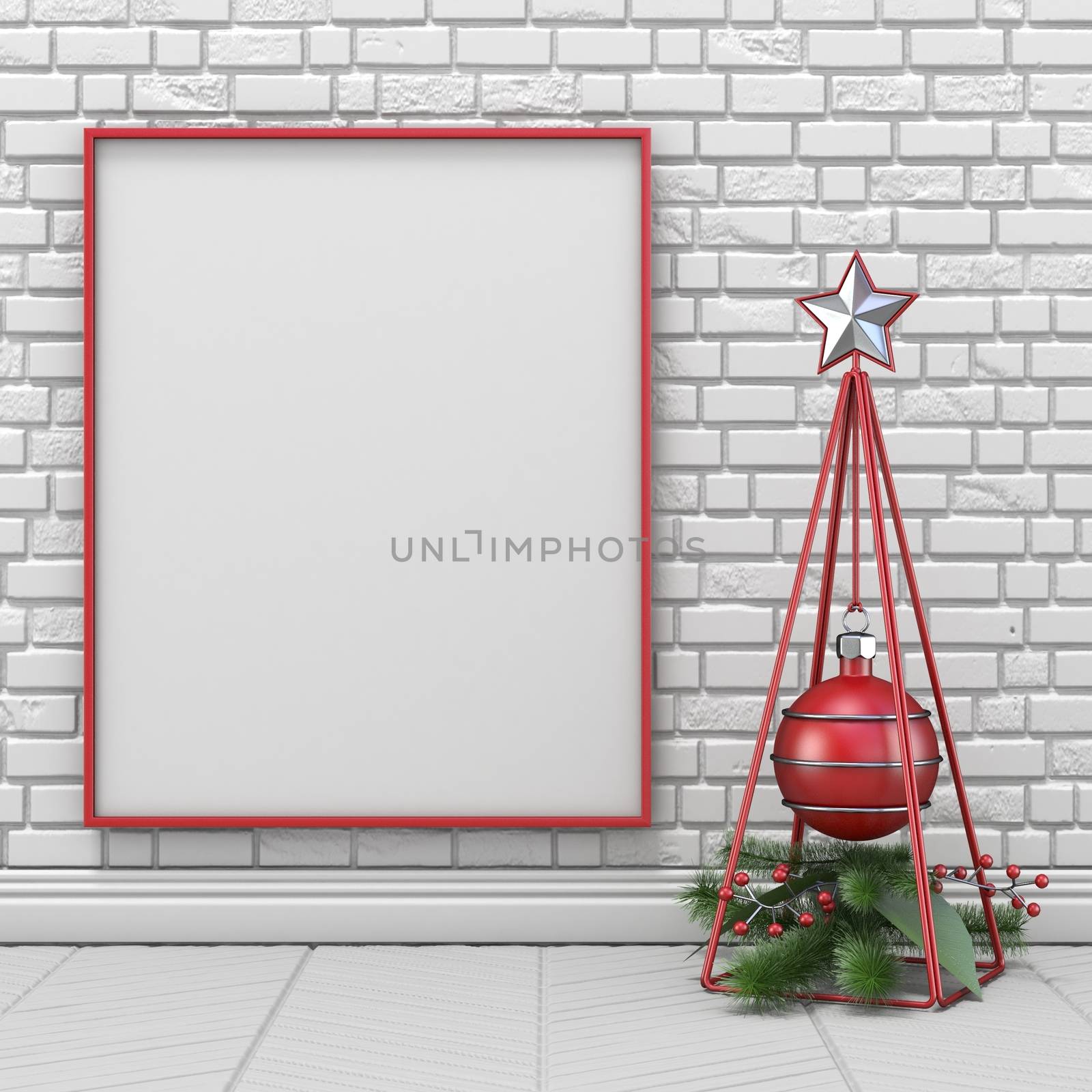 Mock up blank picture frame, Christmas decoration wireframe pyramid and decoration ball 3D render illustration