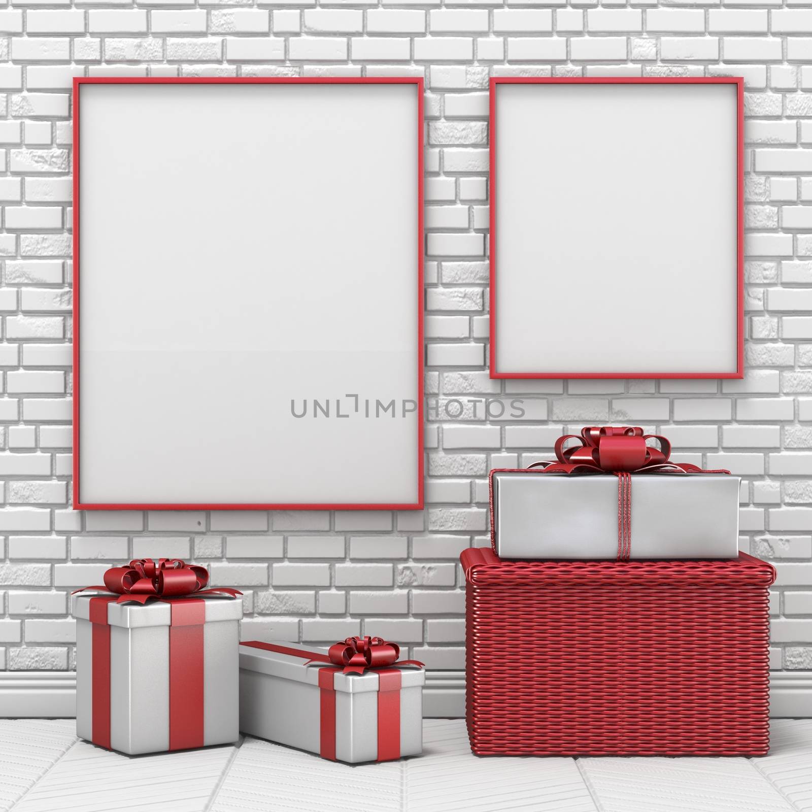 Mock up blank picture frame, Christmas decoration and gifts 3D render illustration