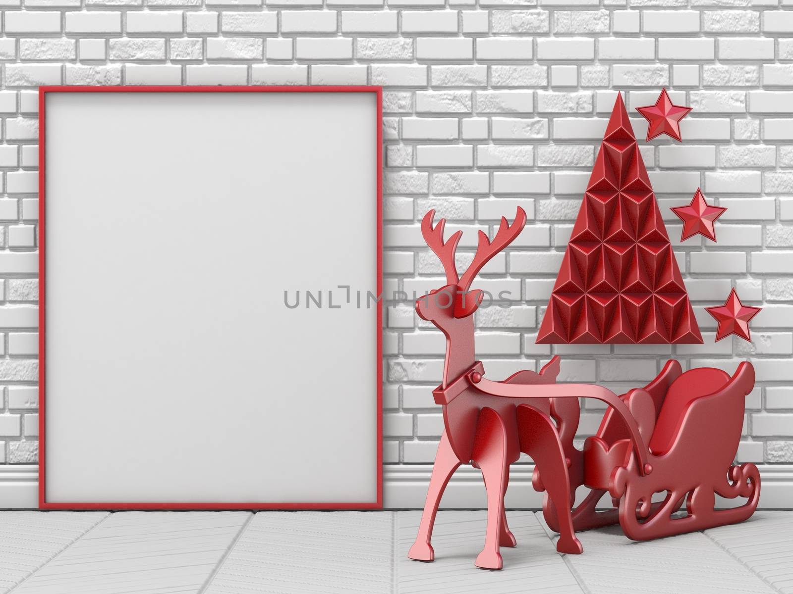 Mock up blank picture frame, Christmas decoration and reindeer with sleigh 3D render illustration