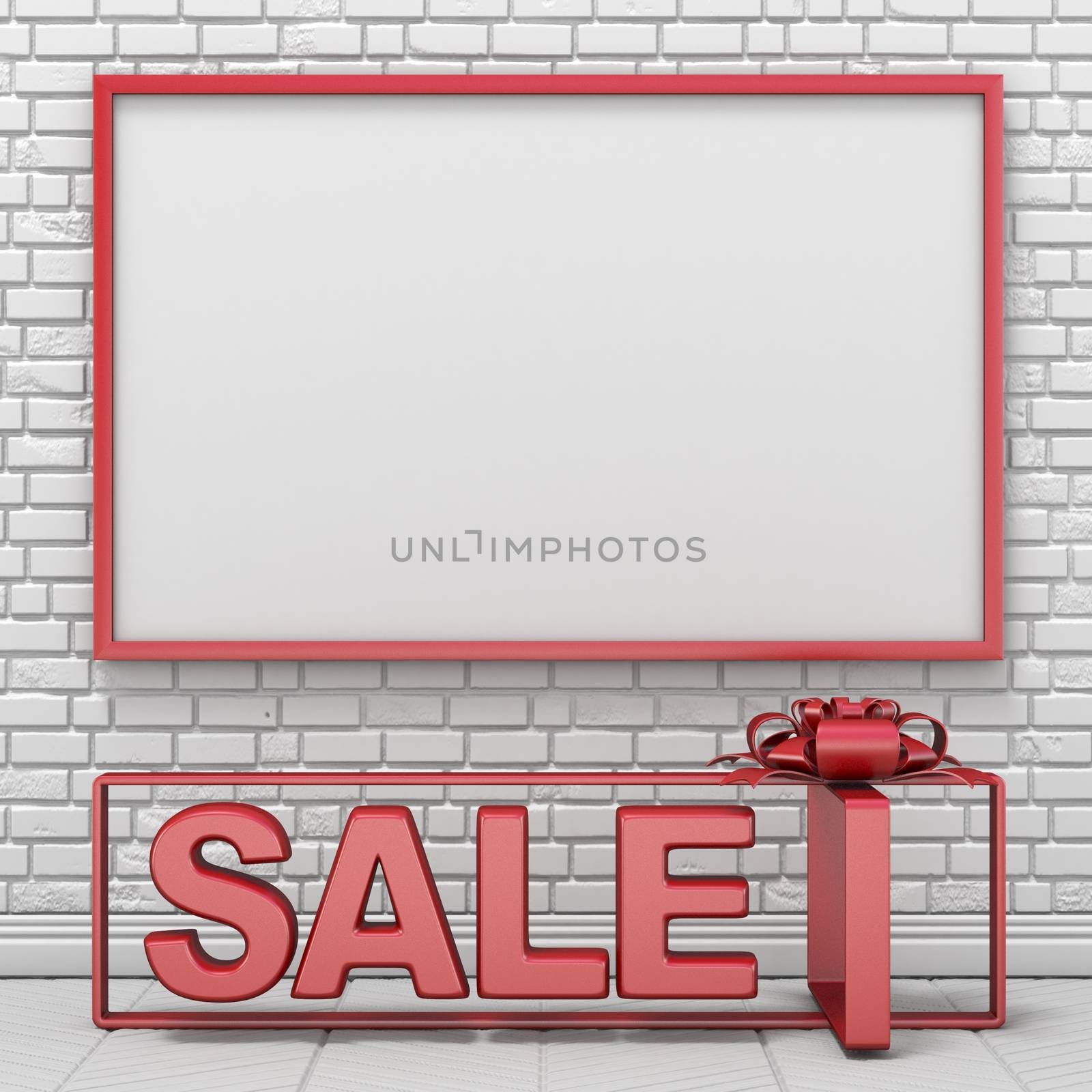 Mock up blank picture frame and text SALE into gift box 3D render illustration