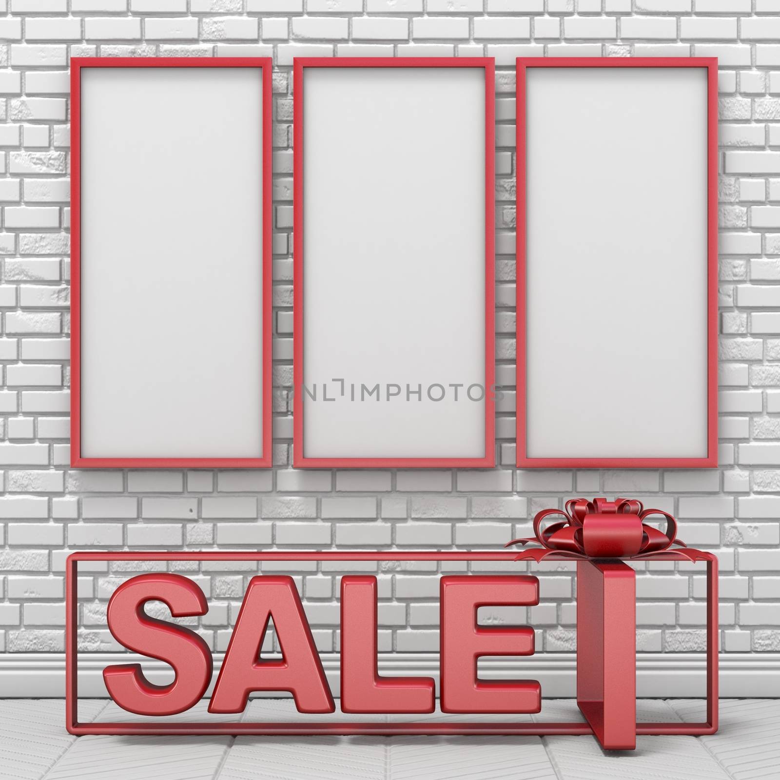 Three mock up blank picture frames and text SALE into gift box 3D render illustration