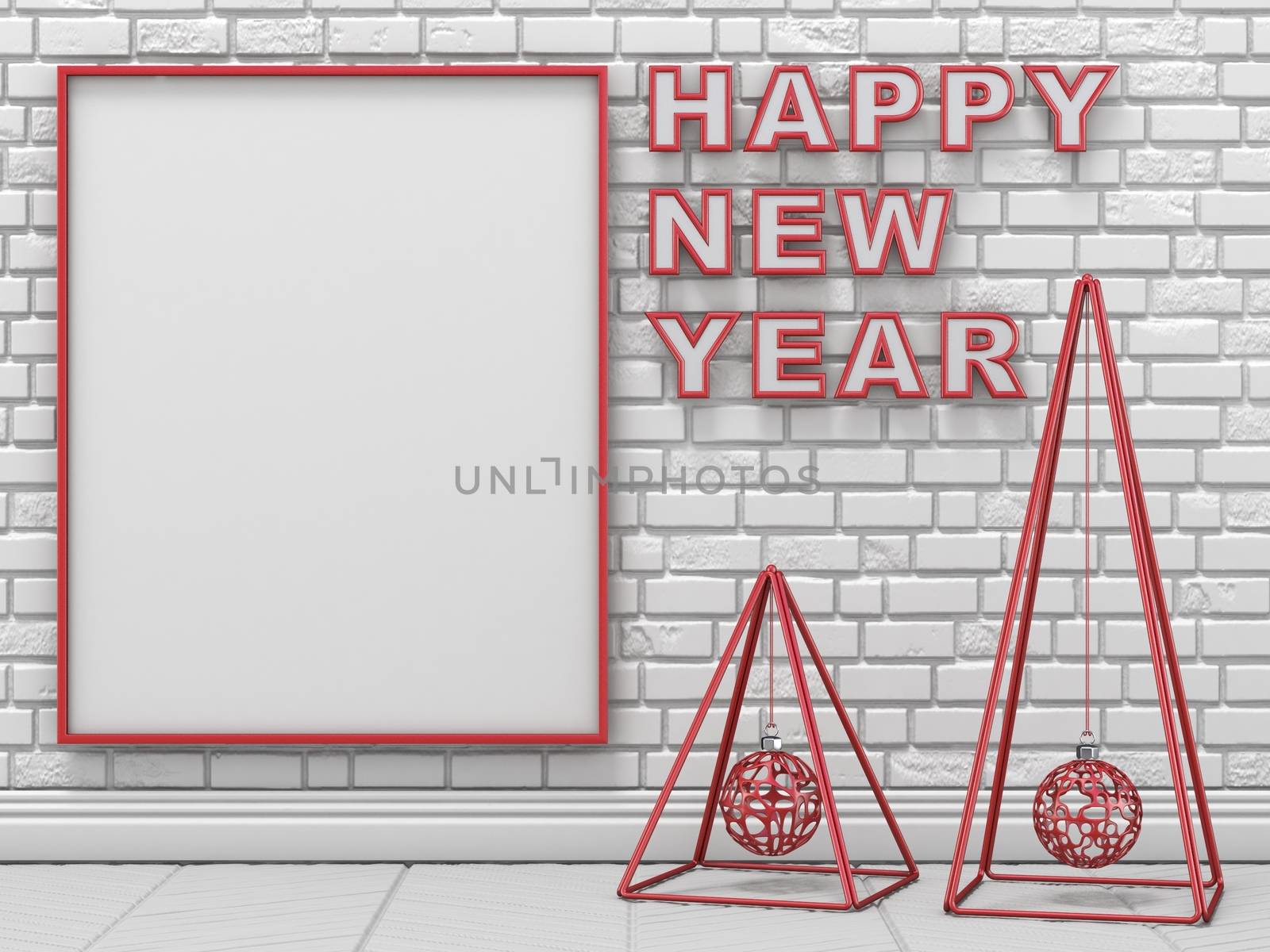 Mock up blank picture frame, Christmas decoration and Happy New Year TEXT 3D render illustration