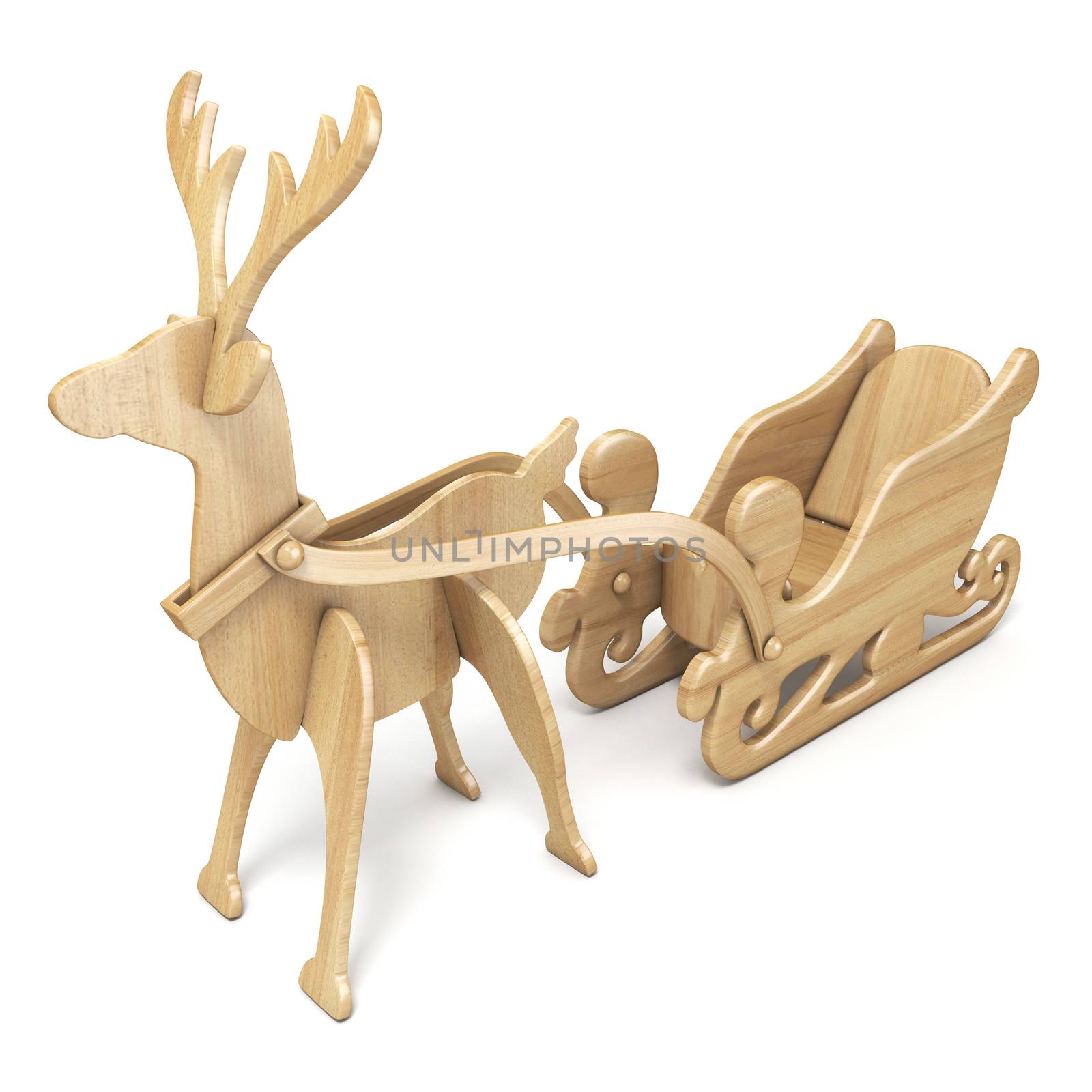 Wooden reindeer with sleigh 3D render illustration isolated on white background