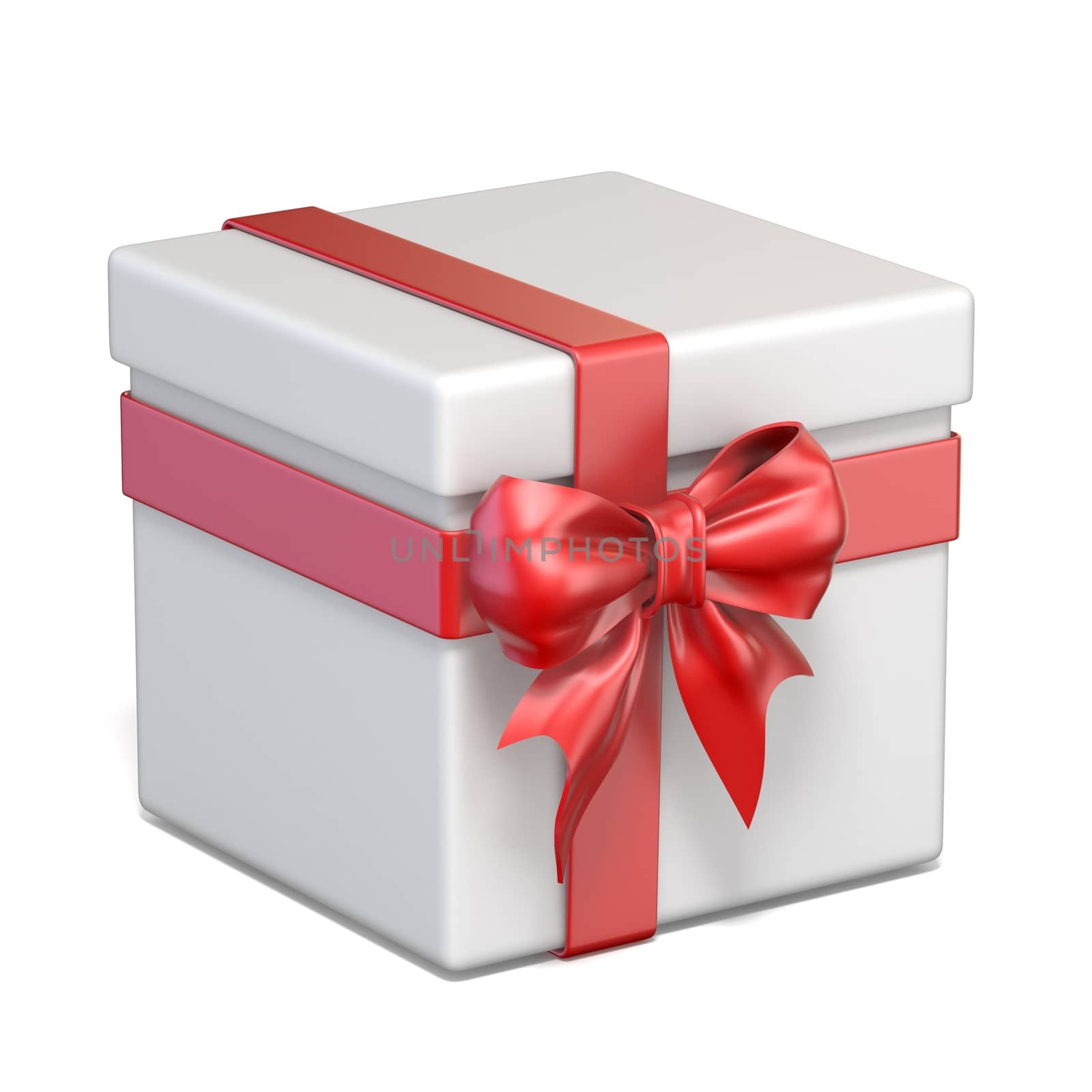 White gift box and red ribbon bow 3D render illustration isolated on white background