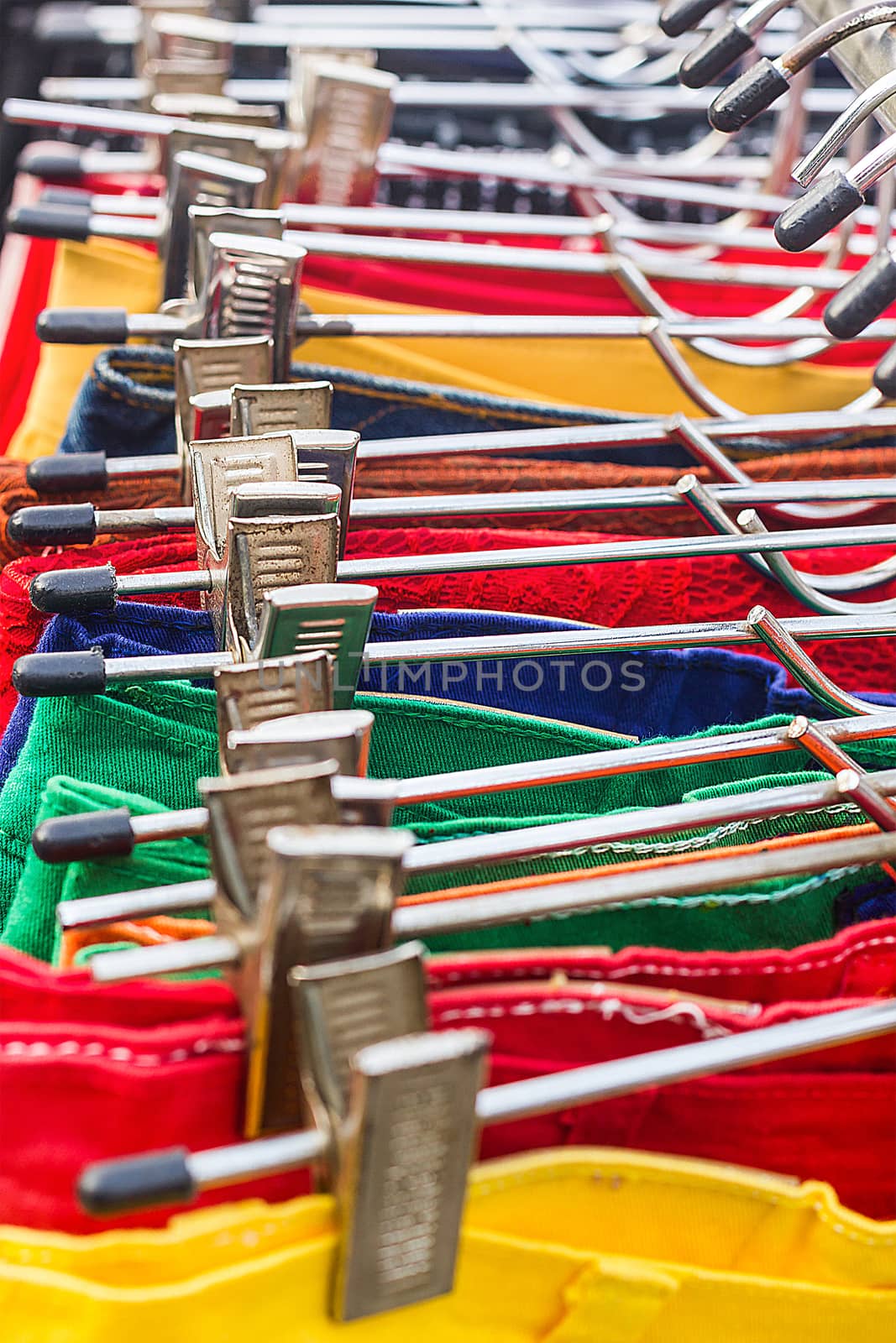 muticolor of shorts, pattern of rainbow, selective focus