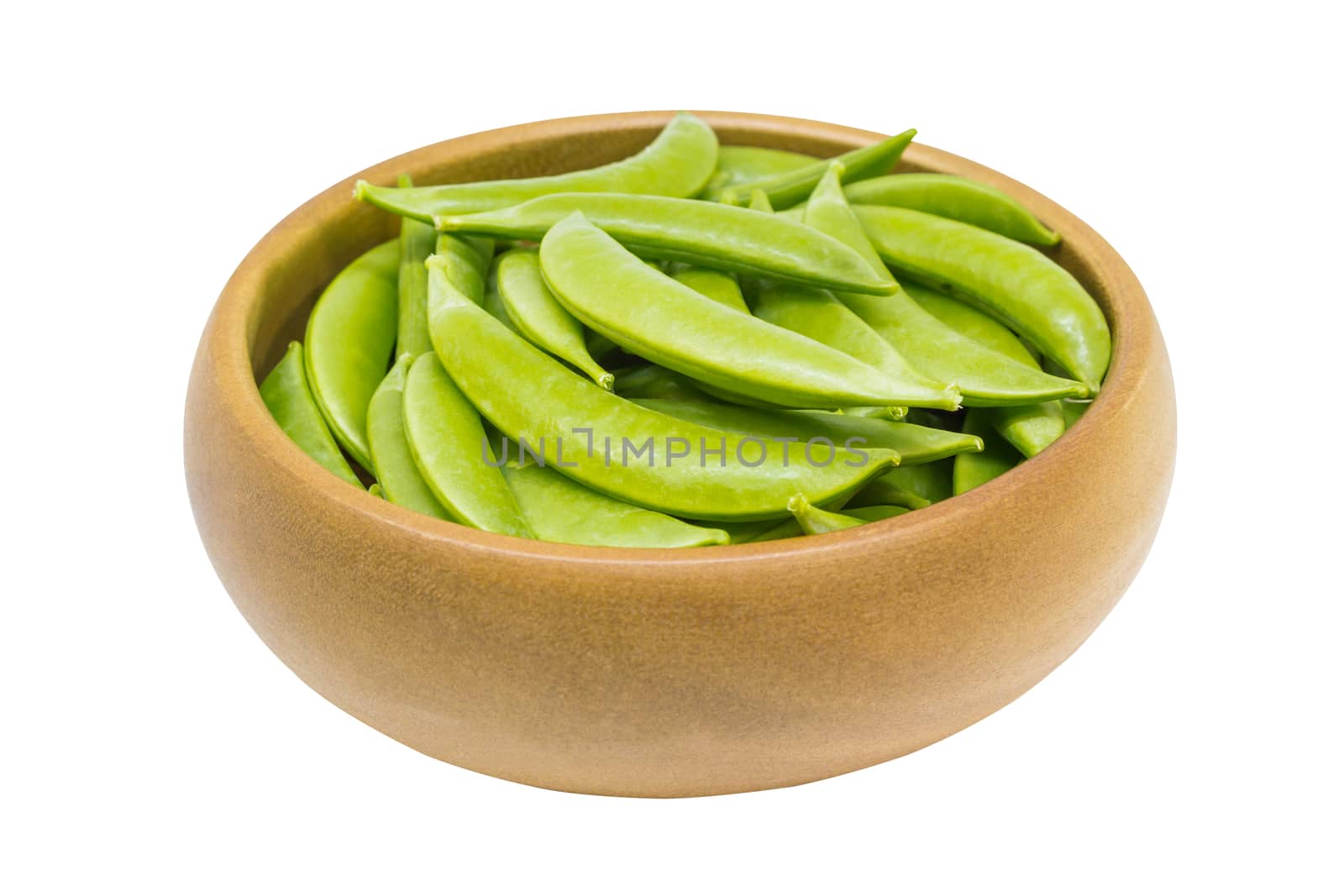 green pea (Sugar Snap Pea) in wooden bowl isolated on white background