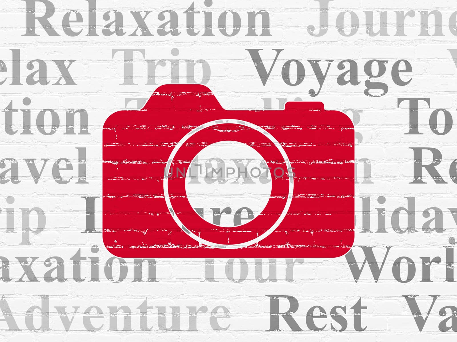 Travel concept: Painted red Photo Camera icon on White Brick wall background with  Tag Cloud