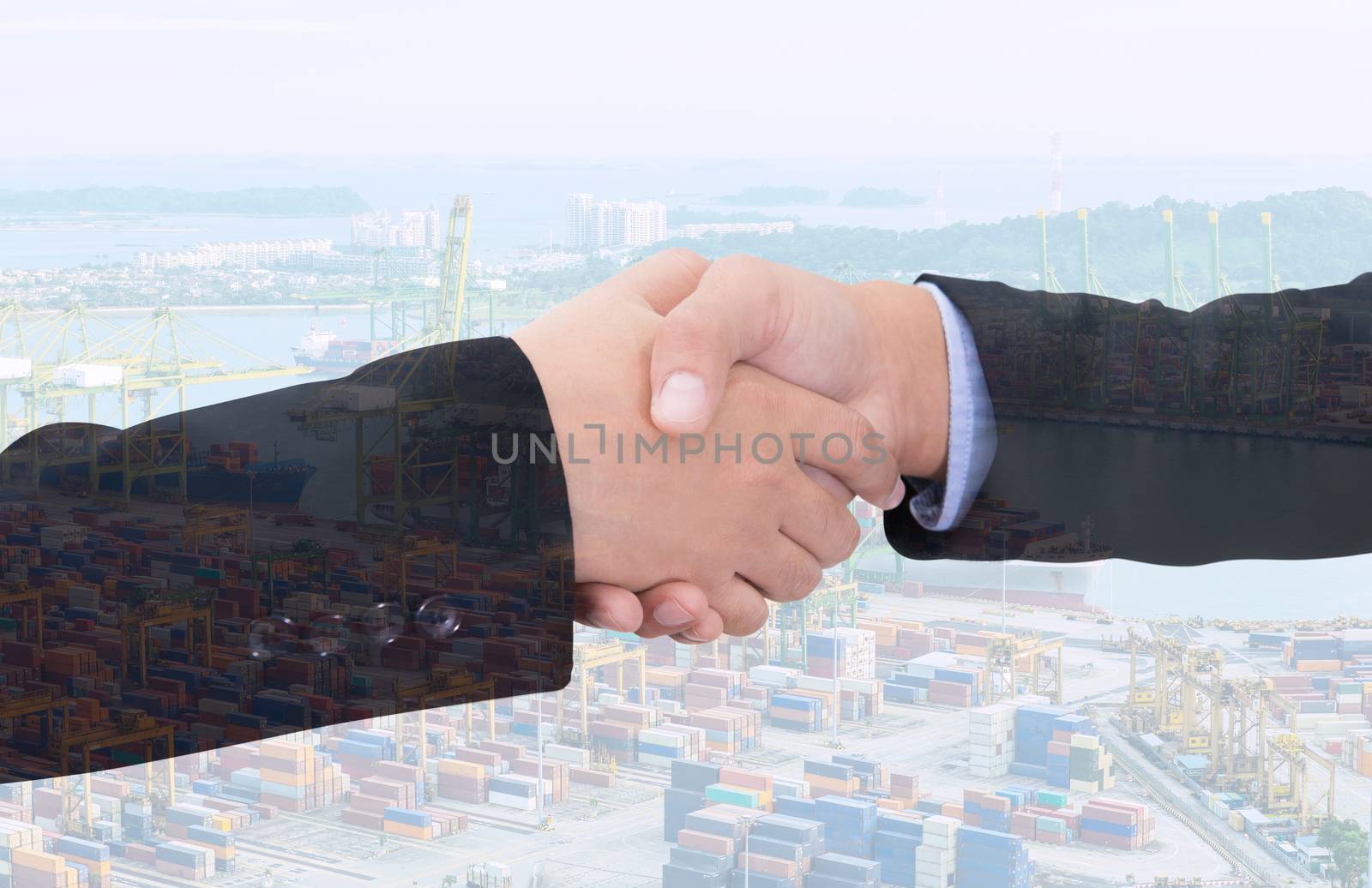 business handshake with city background, Double exposure style.