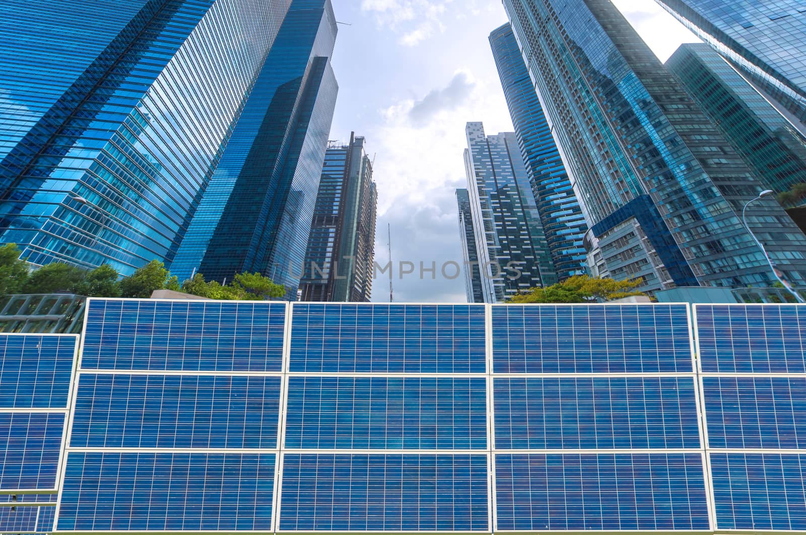 Power plant using renewable solar energy with blue sky.