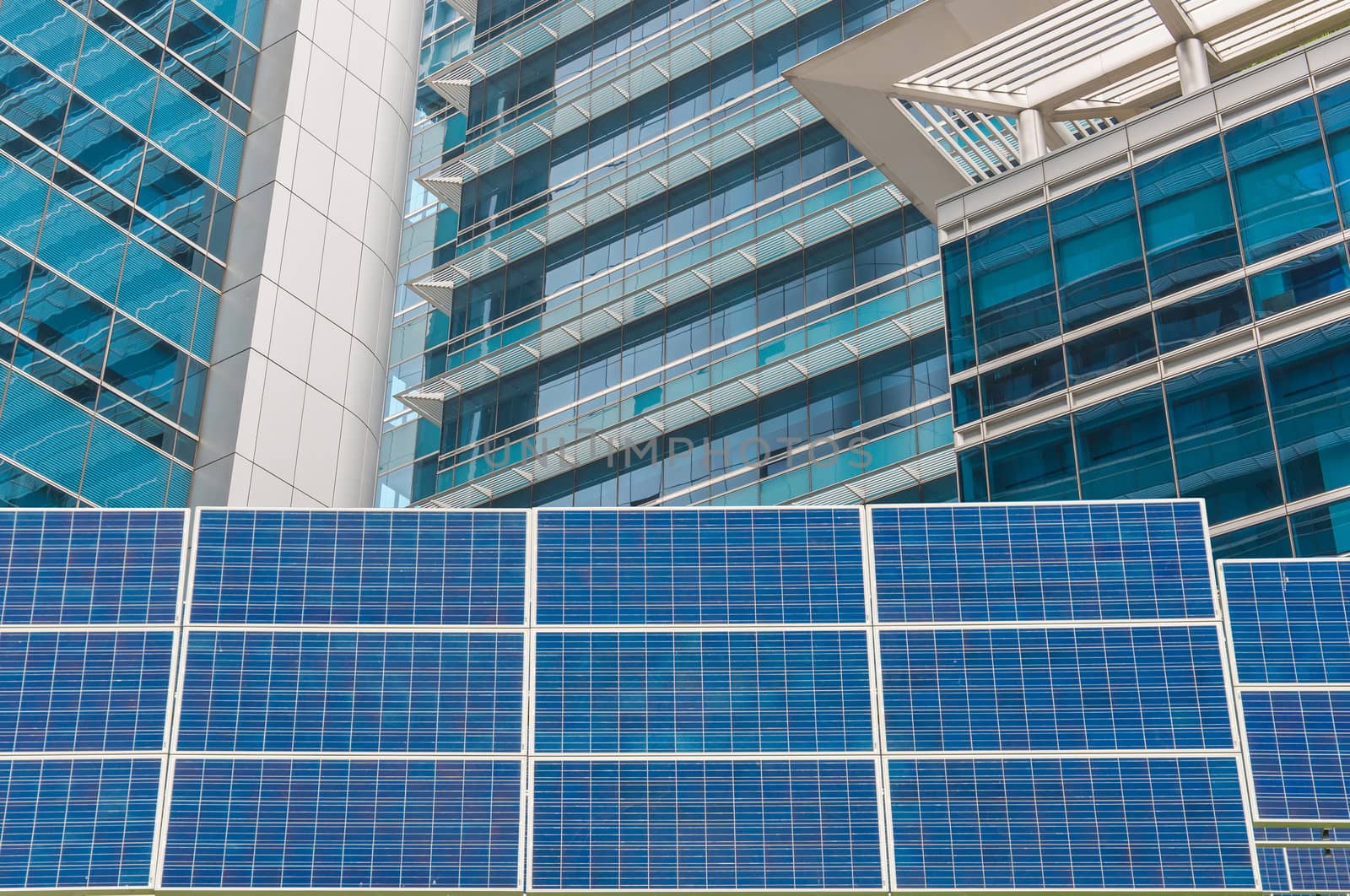 Power plant using renewable solar energy with blue sky.