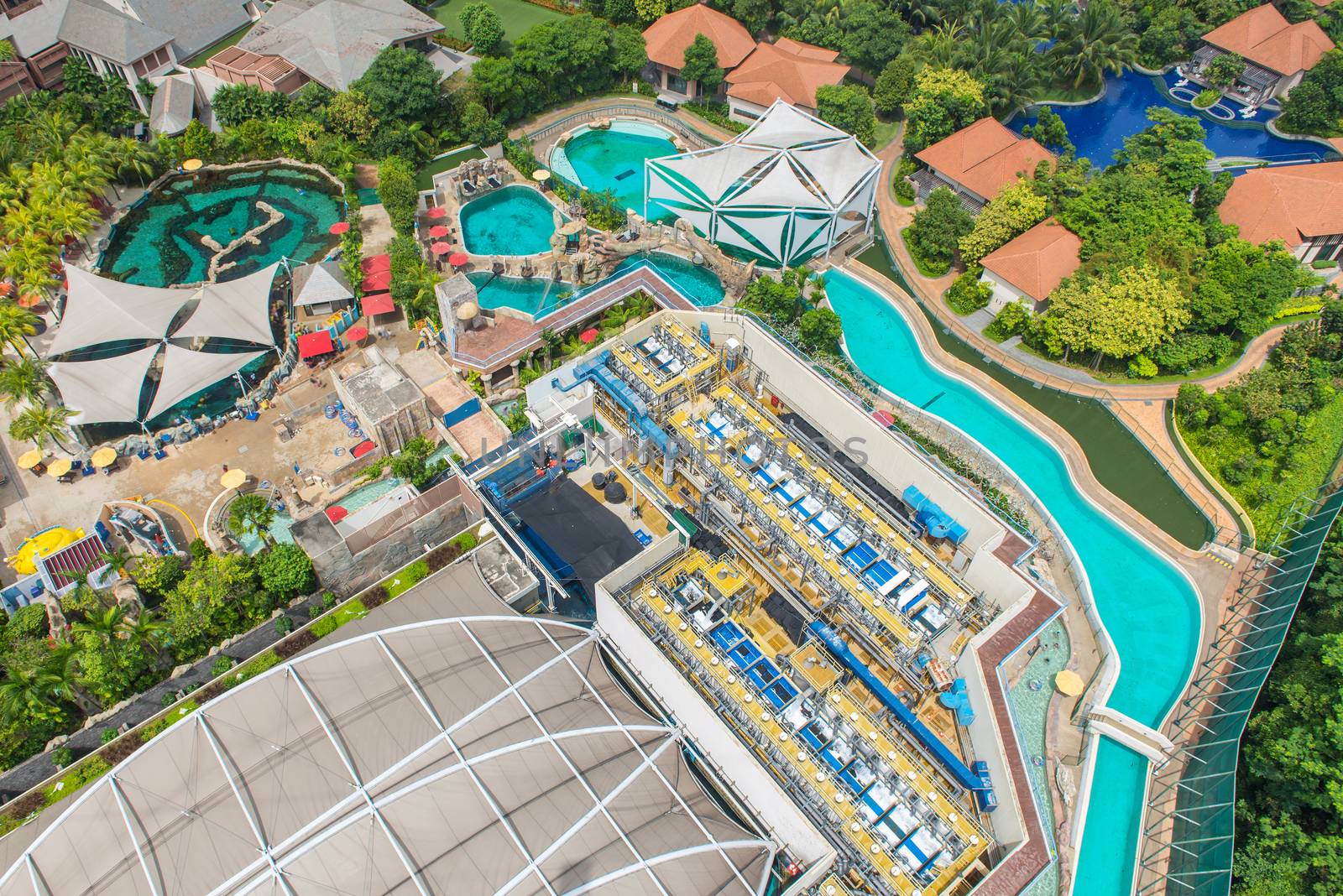 Bird's eye view of Water treatment plants on swimming pool.