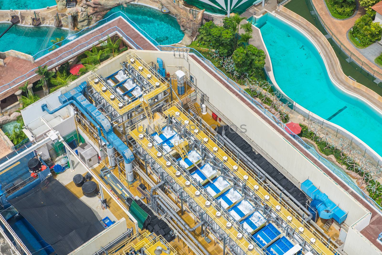 Bird's eye view of Water treatment plants on swimming pool.