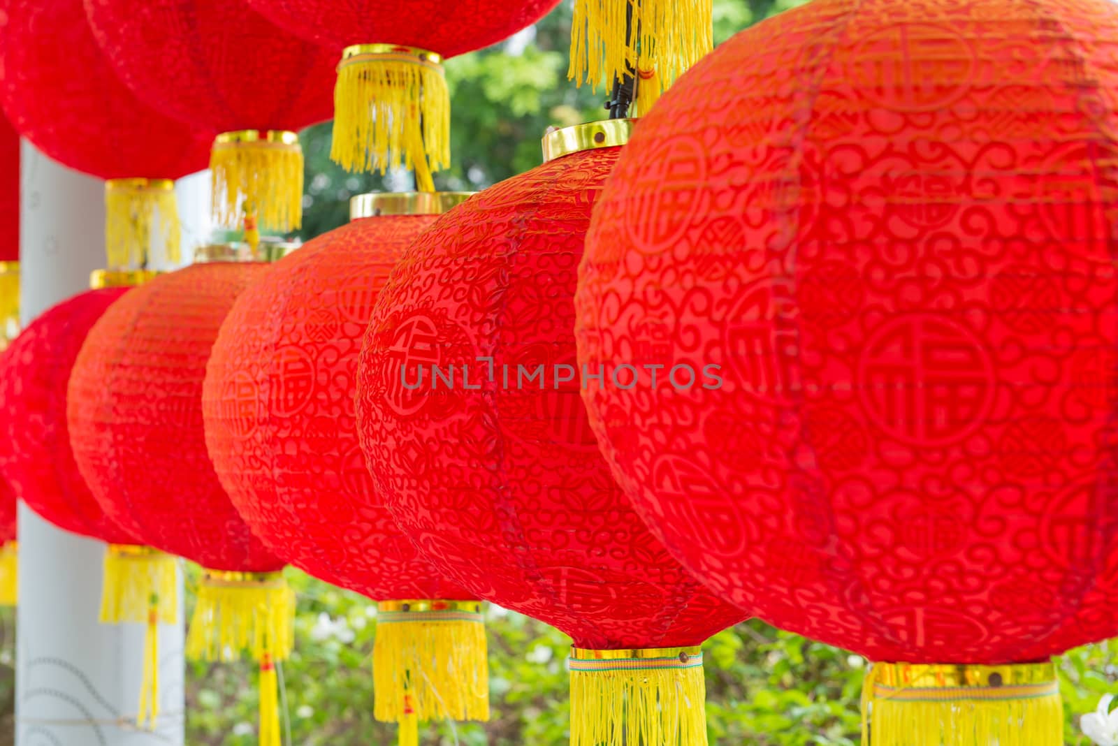 Traditional red lantern hanging in Chinese Temple.