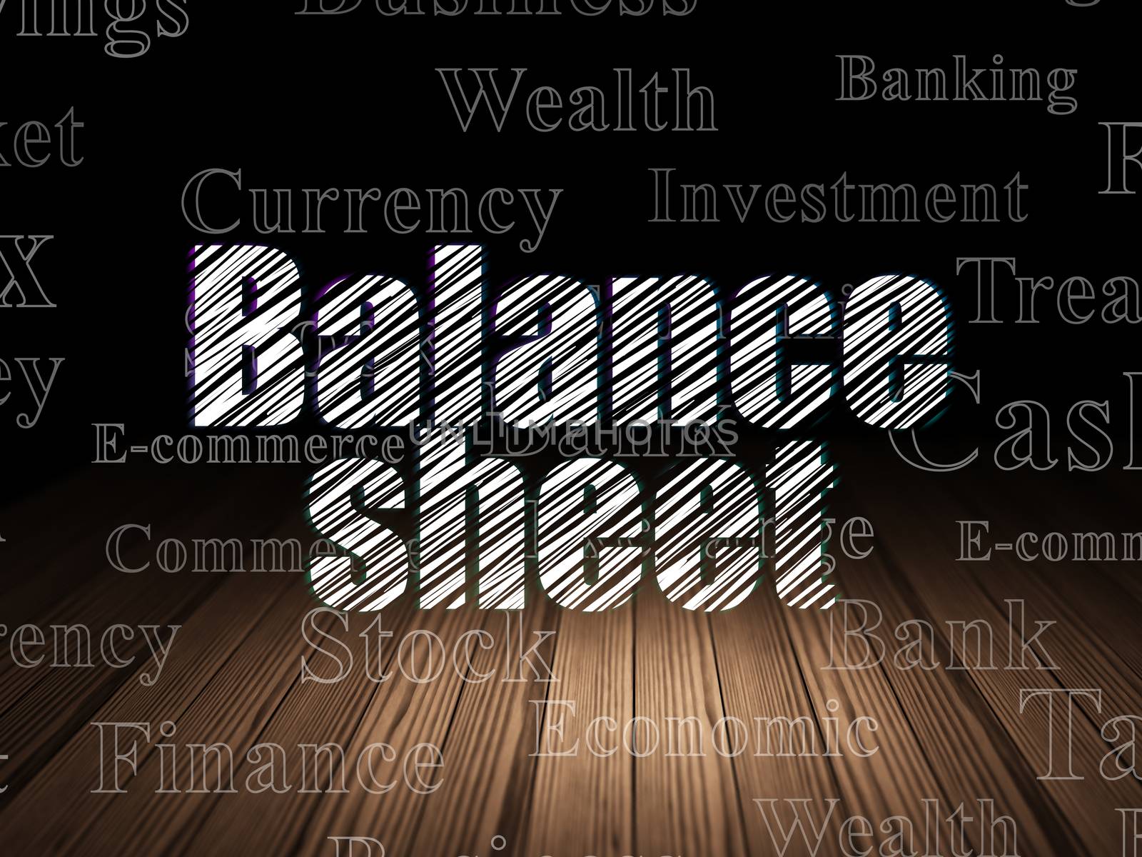 Banking concept: Glowing text Balance Sheet in grunge dark room with Wooden Floor, black background with  Tag Cloud