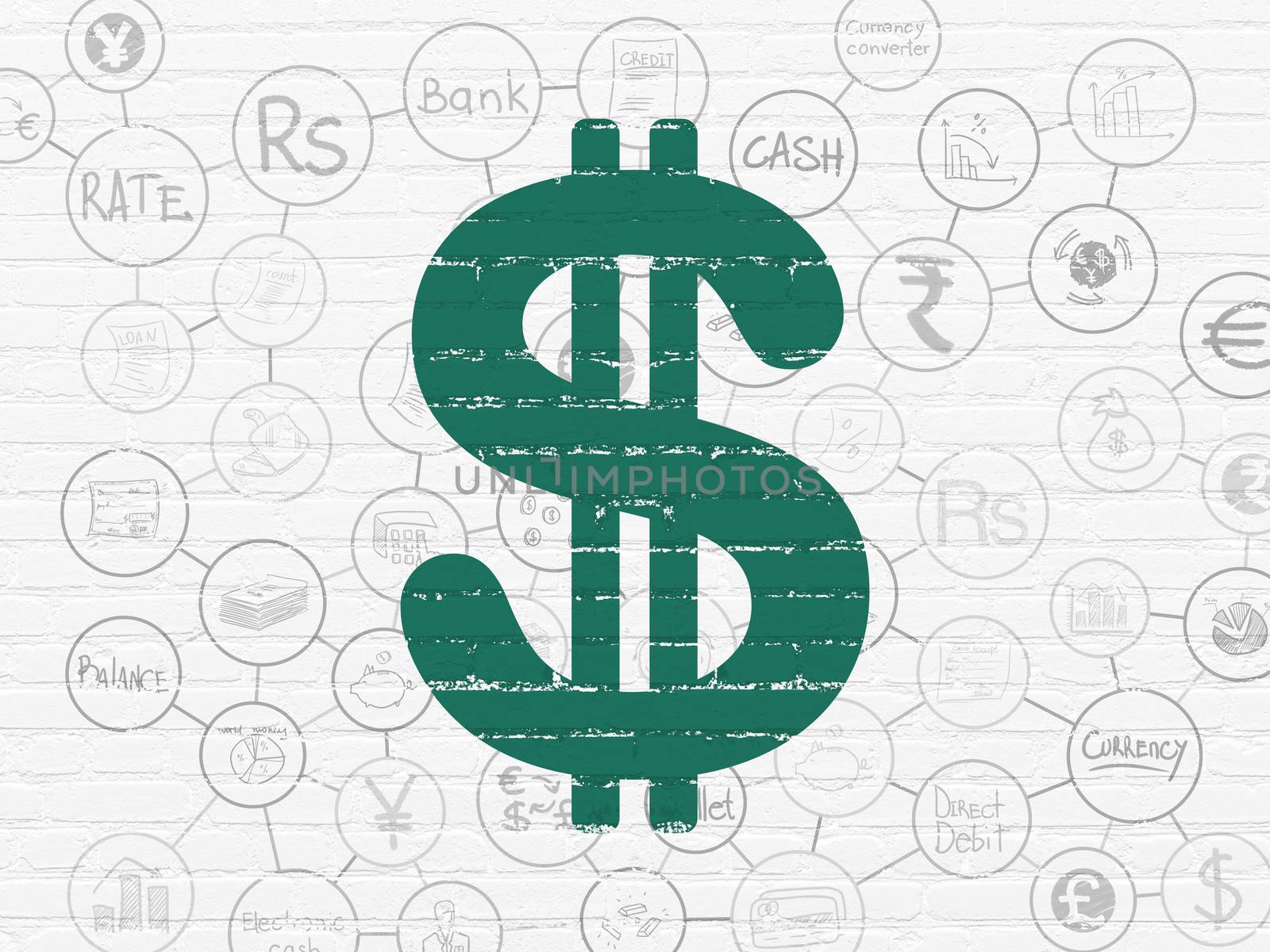 Banking concept: Painted green Dollar icon on White Brick wall background with Scheme Of Hand Drawn Finance Icons