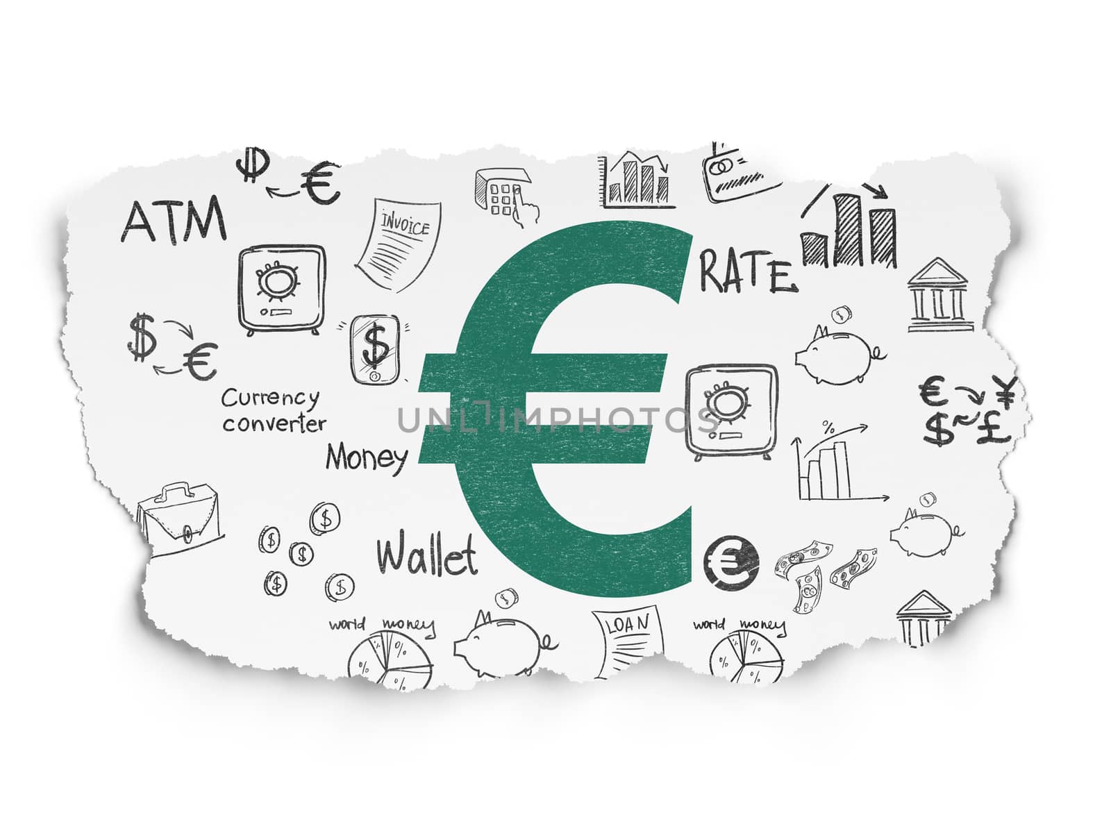 Banking concept: Painted green Euro icon on Torn Paper background with  Hand Drawn Finance Icons
