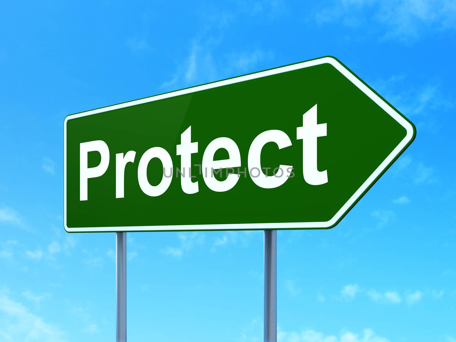Security concept: Protect on green road highway sign, clear blue sky background, 3D rendering