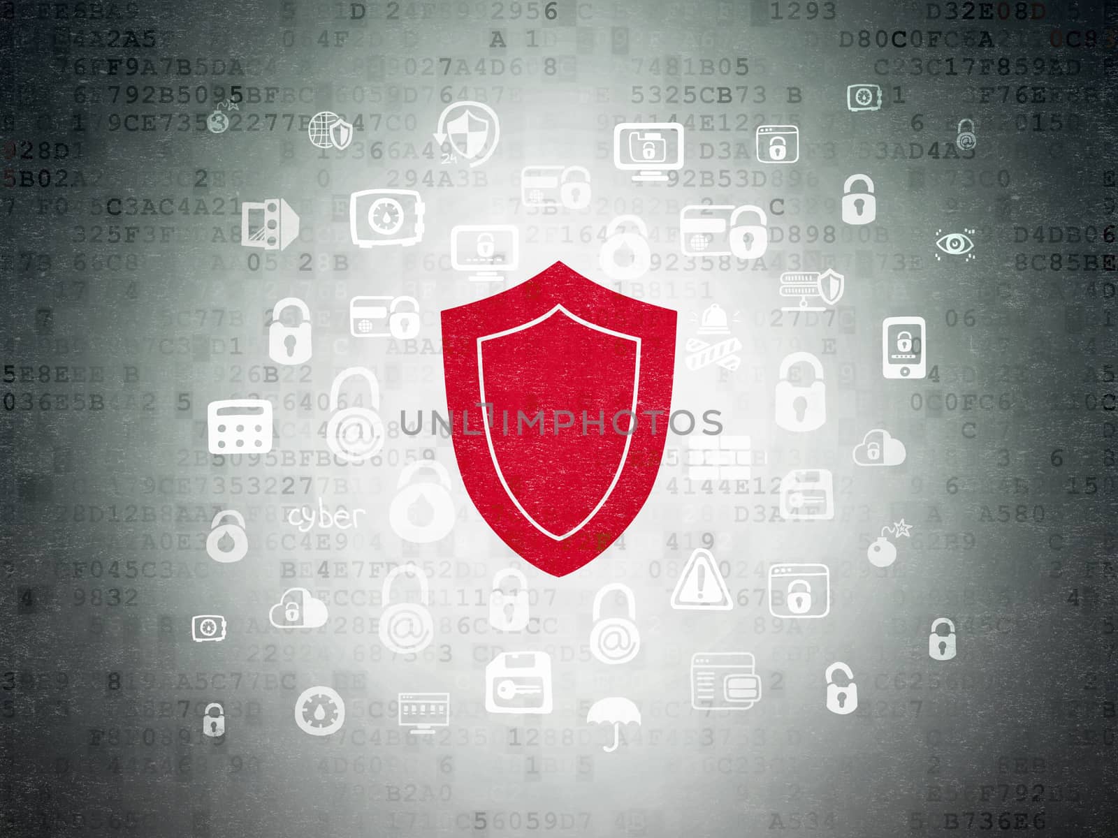 Security concept: Painted red Shield icon on Digital Data Paper background with  Hand Drawn Security Icons