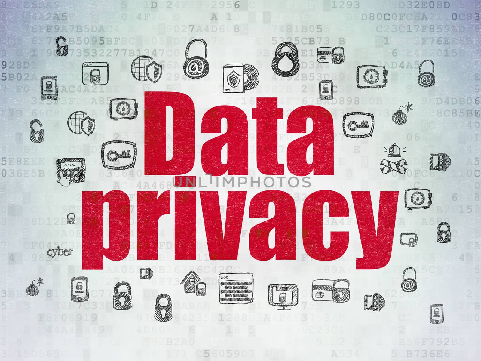 Security concept: Painted red text Data Privacy on Digital Data Paper background with  Hand Drawn Security Icons