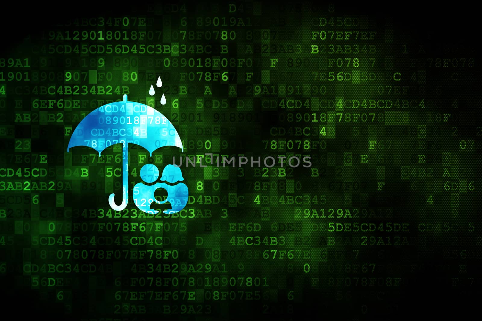 Security concept: pixelated Family And Umbrella icon on digital background, empty copyspace for card, text, advertising