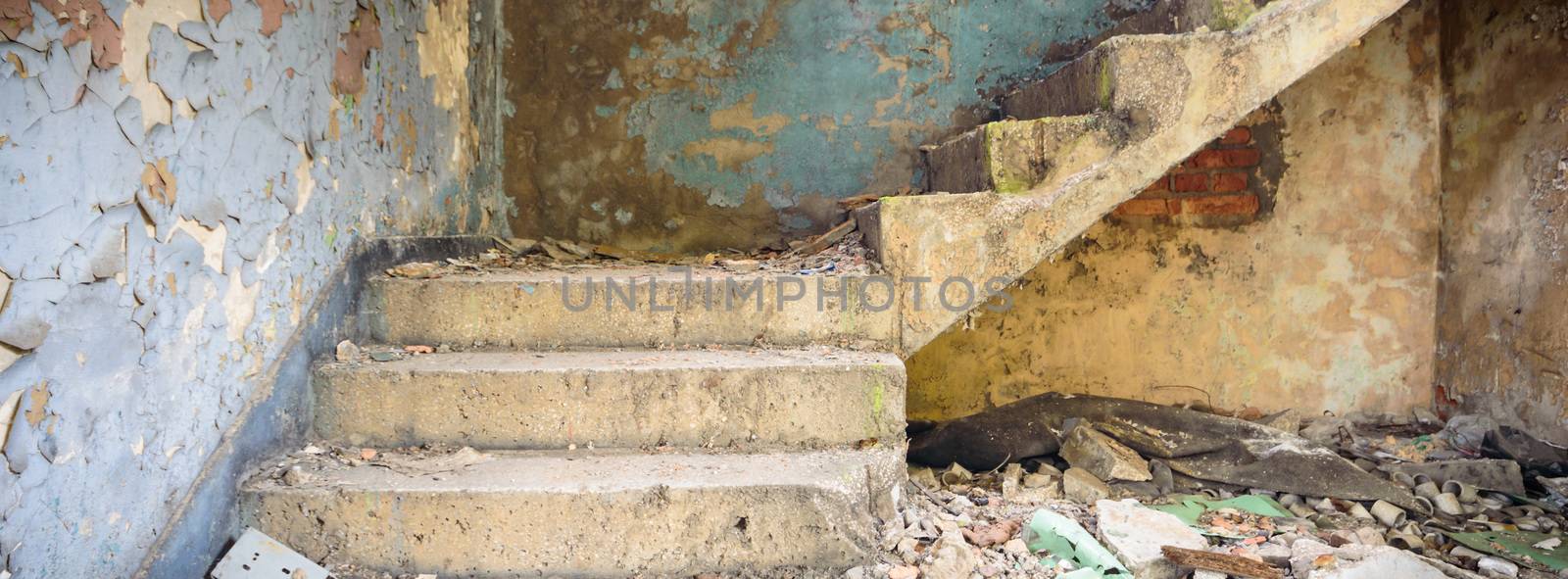 wide angle view of an old wall abandoned factory building