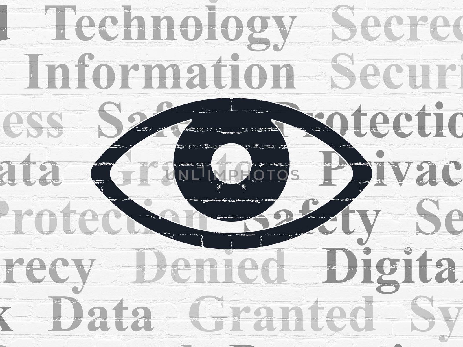 Security concept: Painted black Eye icon on White Brick wall background with  Tag Cloud