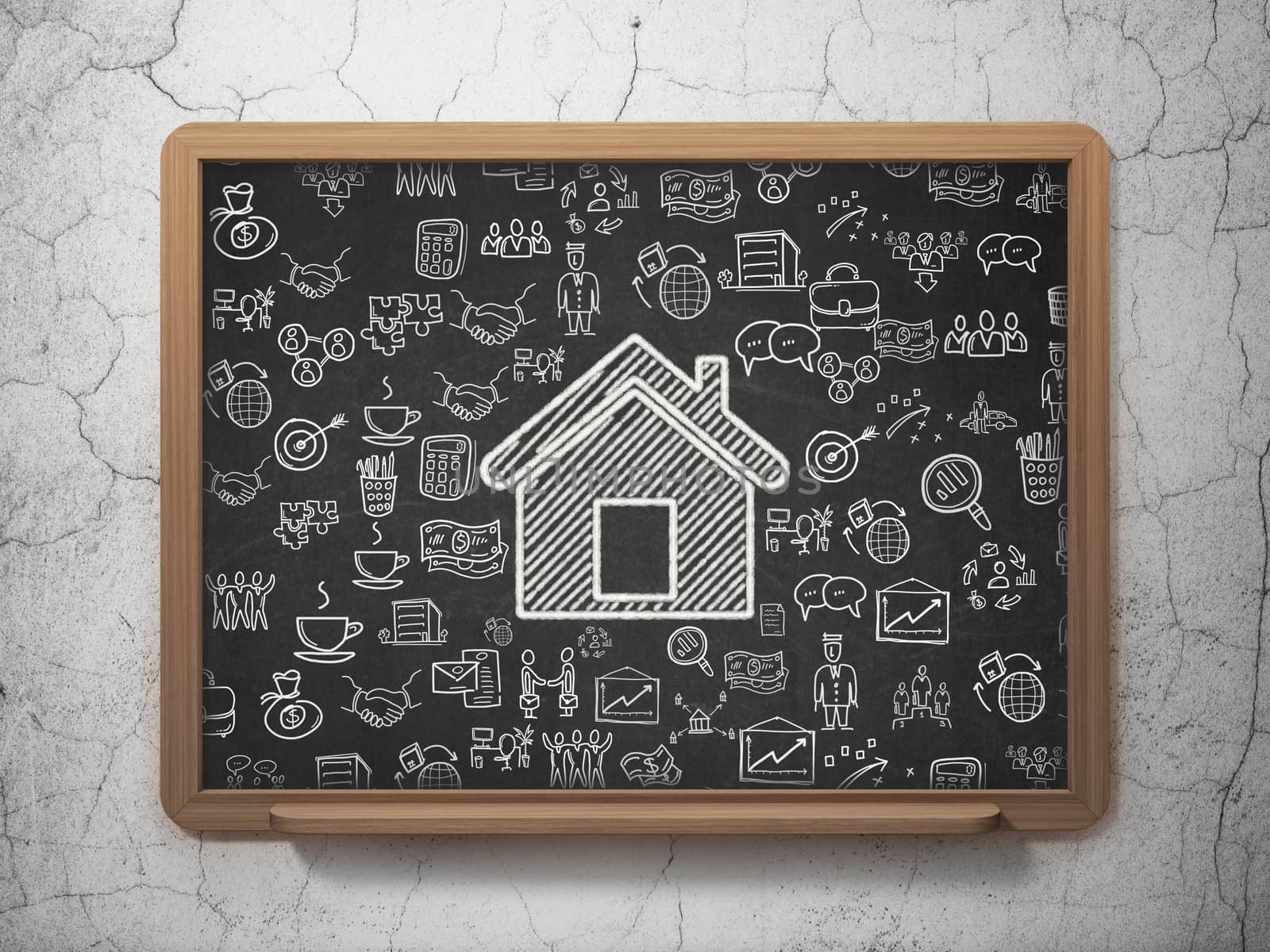 Business concept: Chalk White Home icon on School board background with  Hand Drawn Business Icons, 3D Rendering