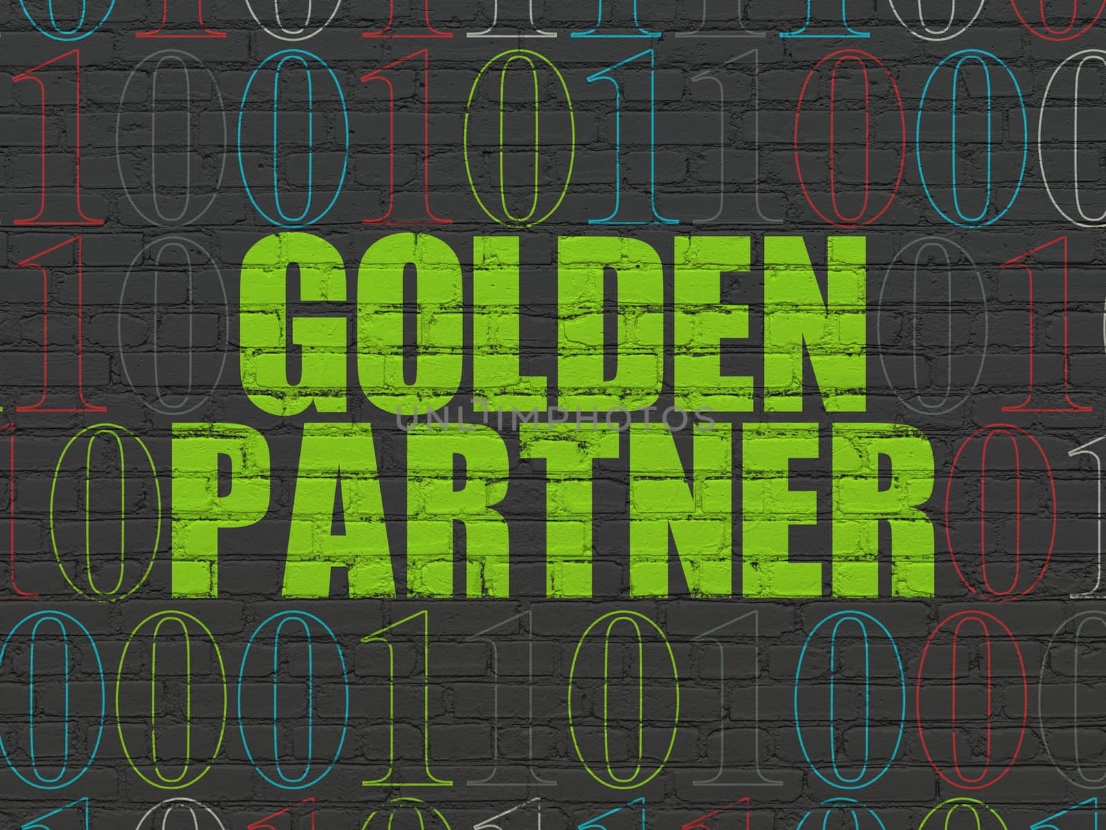 Business concept: Painted green text Golden Partner on Black Brick wall background with Binary Code