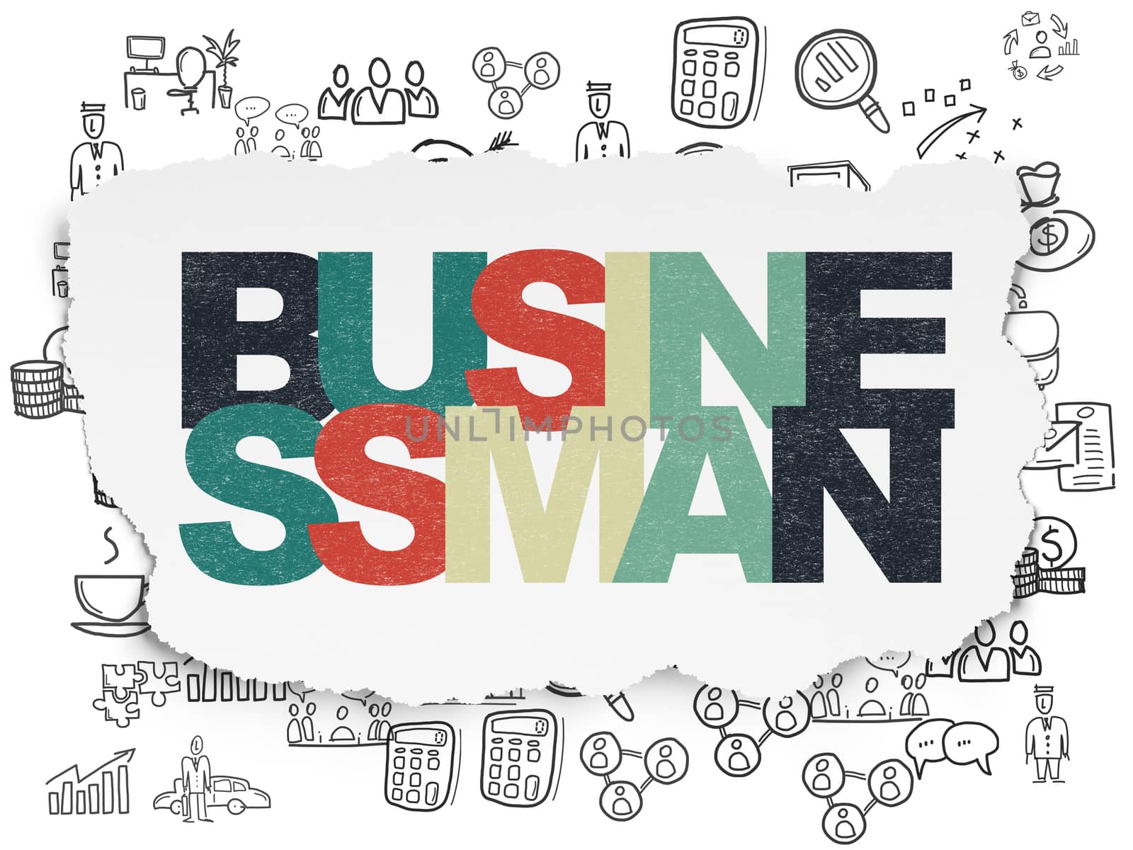Finance concept: Painted multicolor text Businessman on Torn Paper background with  Hand Drawn Business Icons