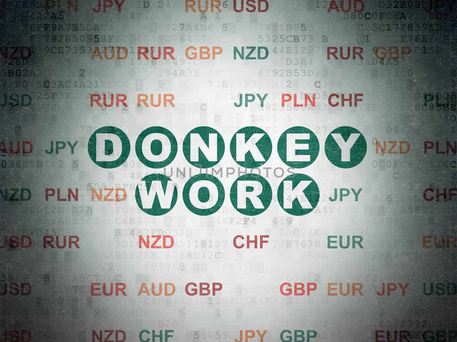 Business concept: Painted green text Donkey Work on Digital Data Paper background with Currency