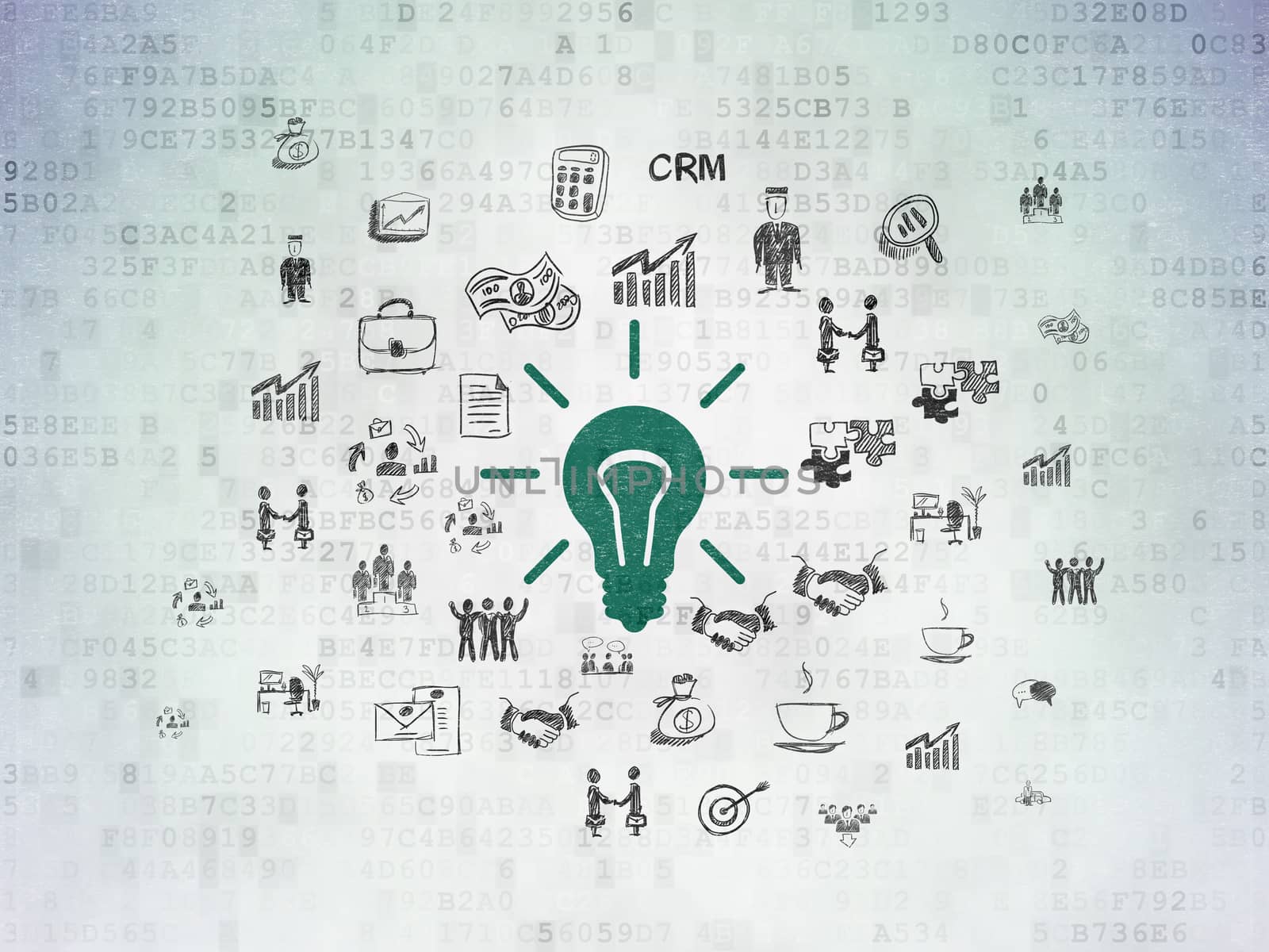 Business concept: Painted green Light Bulb icon on Digital Data Paper background with  Hand Drawn Business Icons