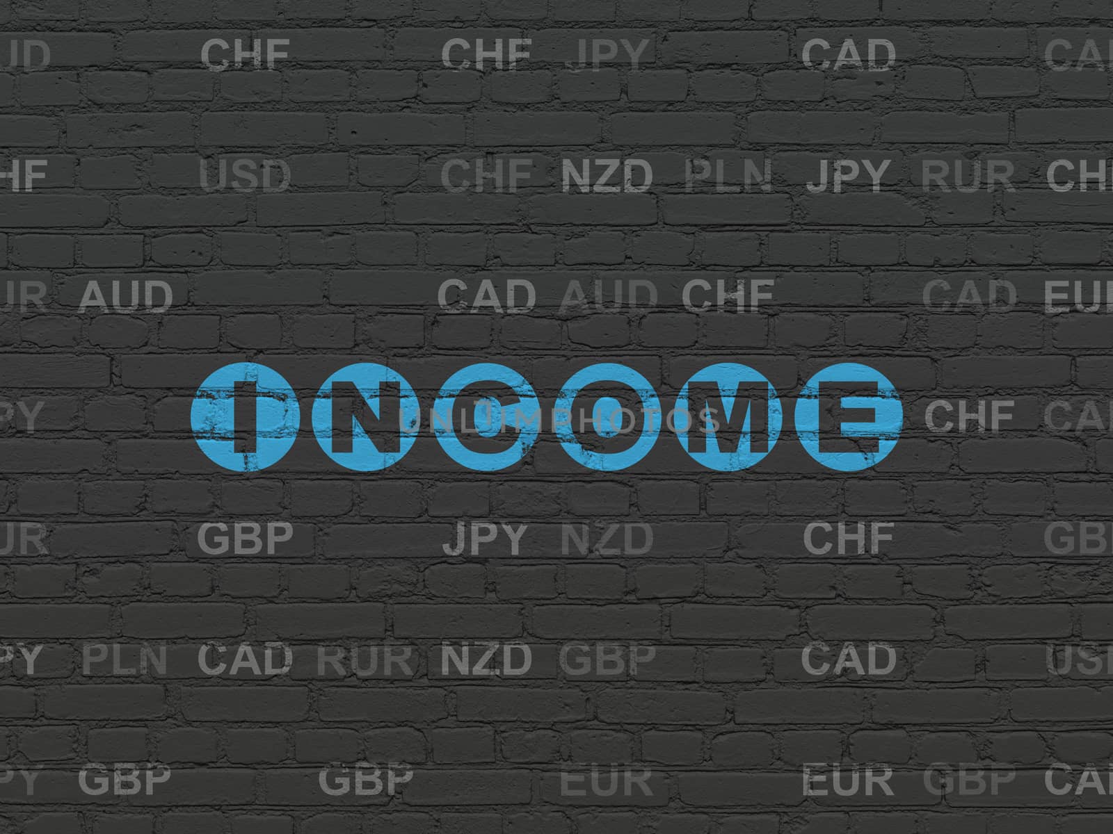 Finance concept: Painted blue text Income on Black Brick wall background with Currency