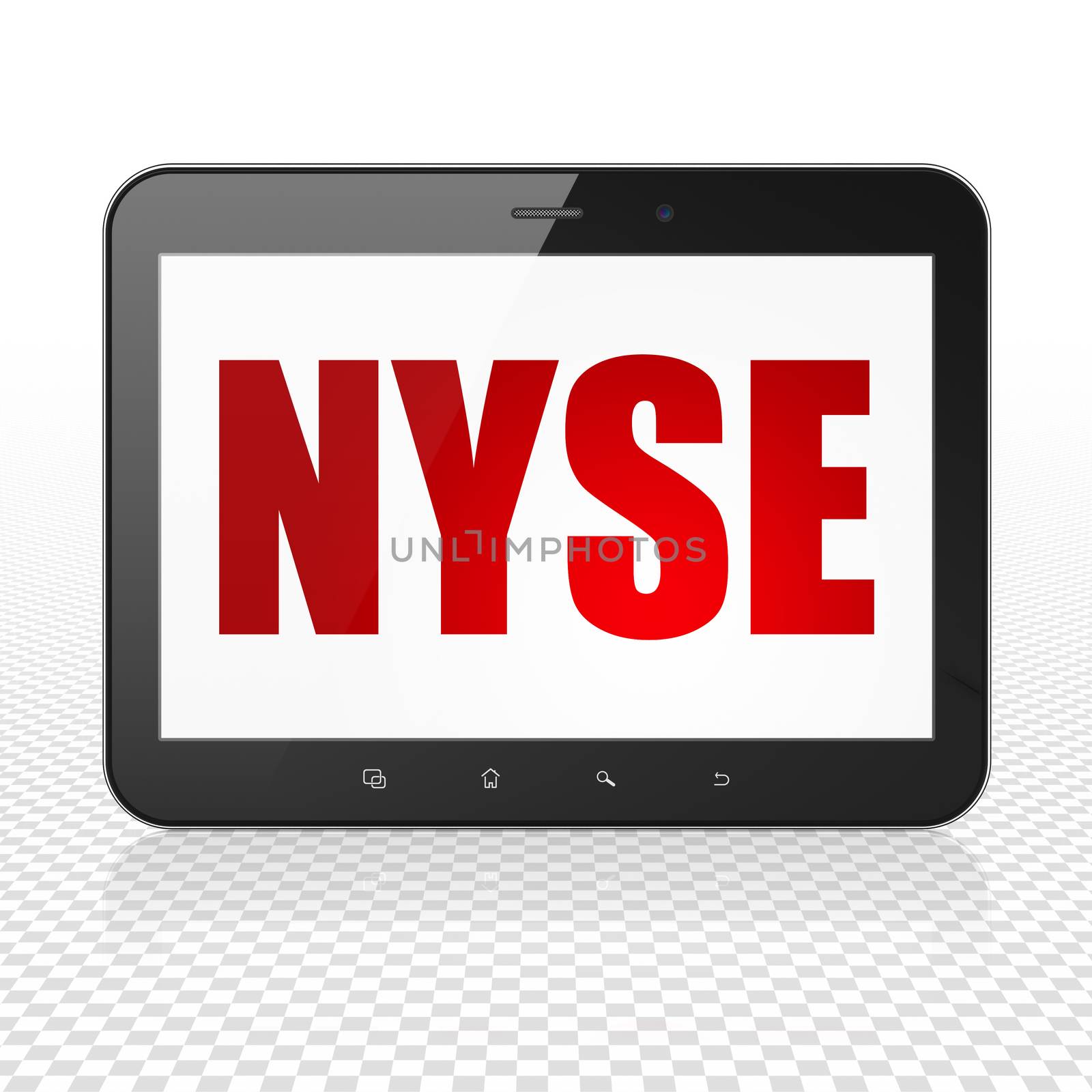 Stock market indexes concept: Tablet Computer with  red text NYSE on display,  Tag Cloud background, 3D rendering
