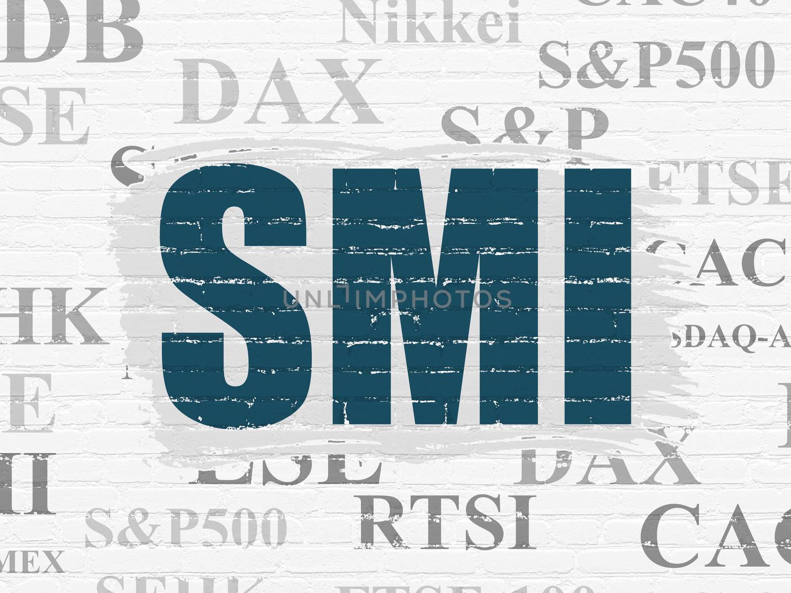 Stock market indexes concept: Painted blue text SMI on White Brick wall background with  Tag Cloud