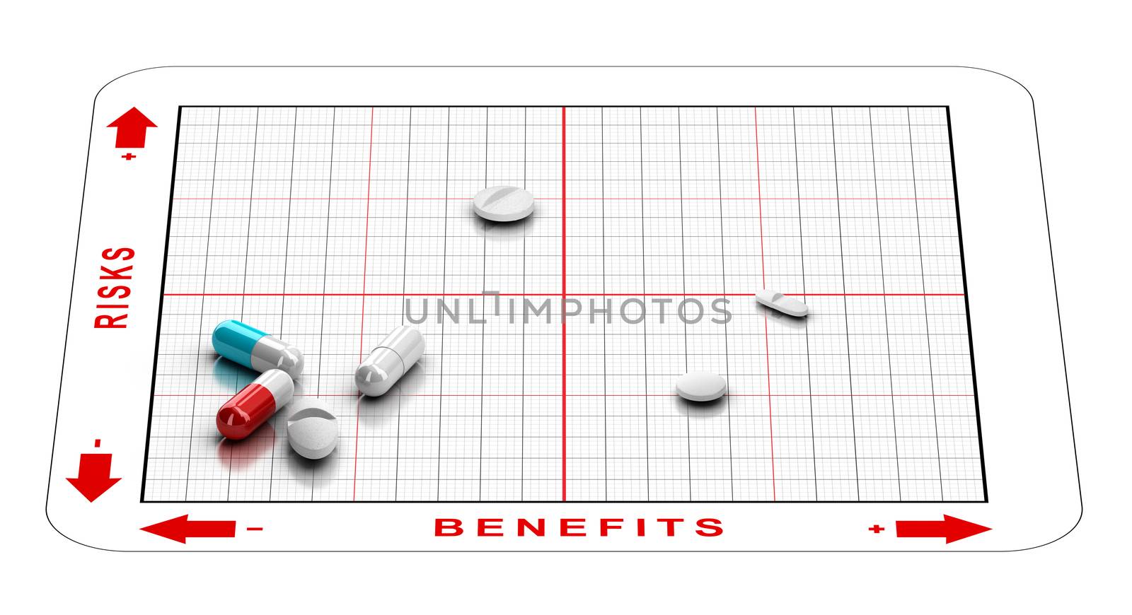 3D illustration of a matrix with tablets and the words risks and benefits. Concept of clinical trials results 